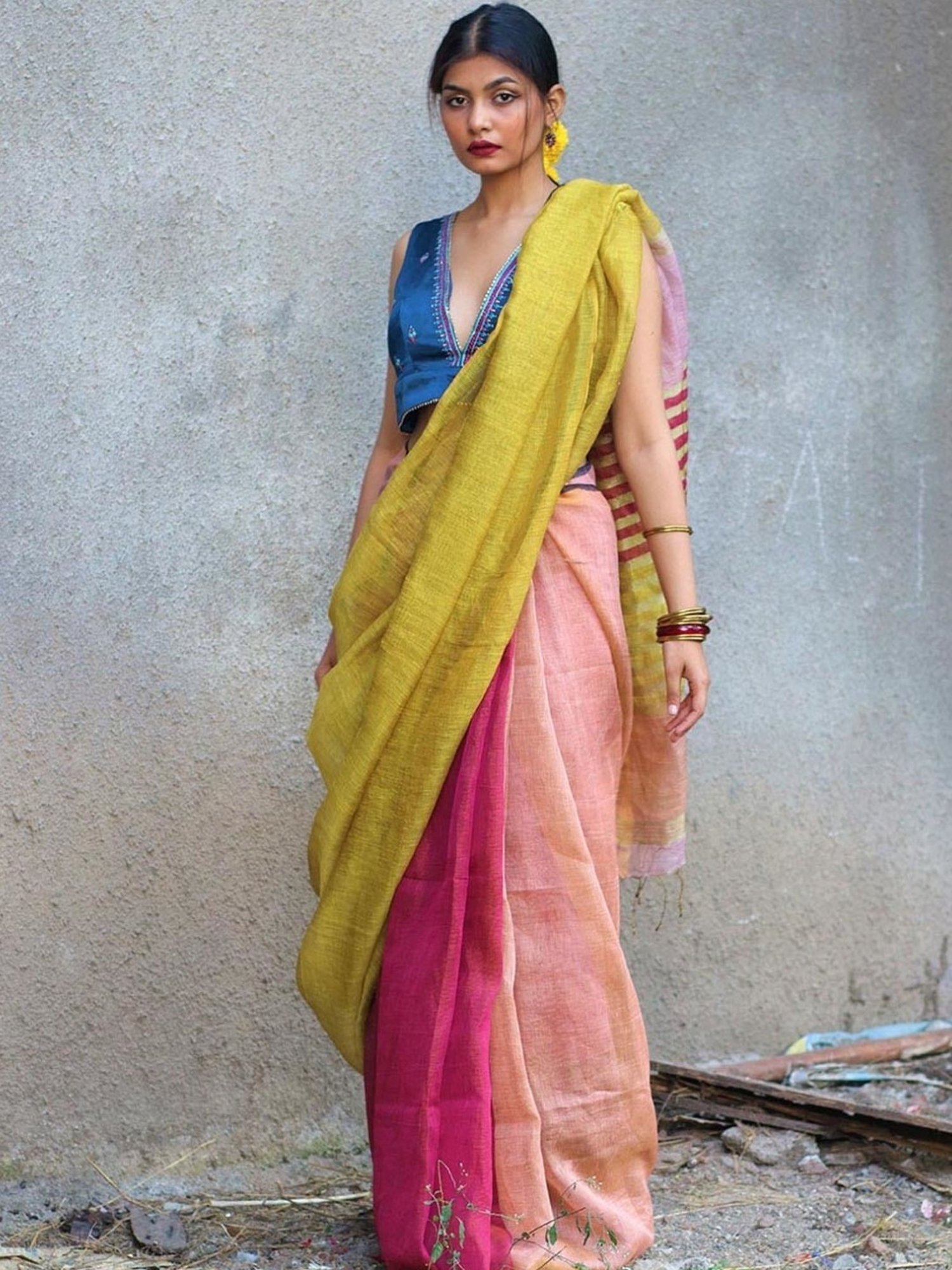 Chidiyaa Aashnaa Yellow Pink Lilac Handwoven Linen Zari Saree Gazala