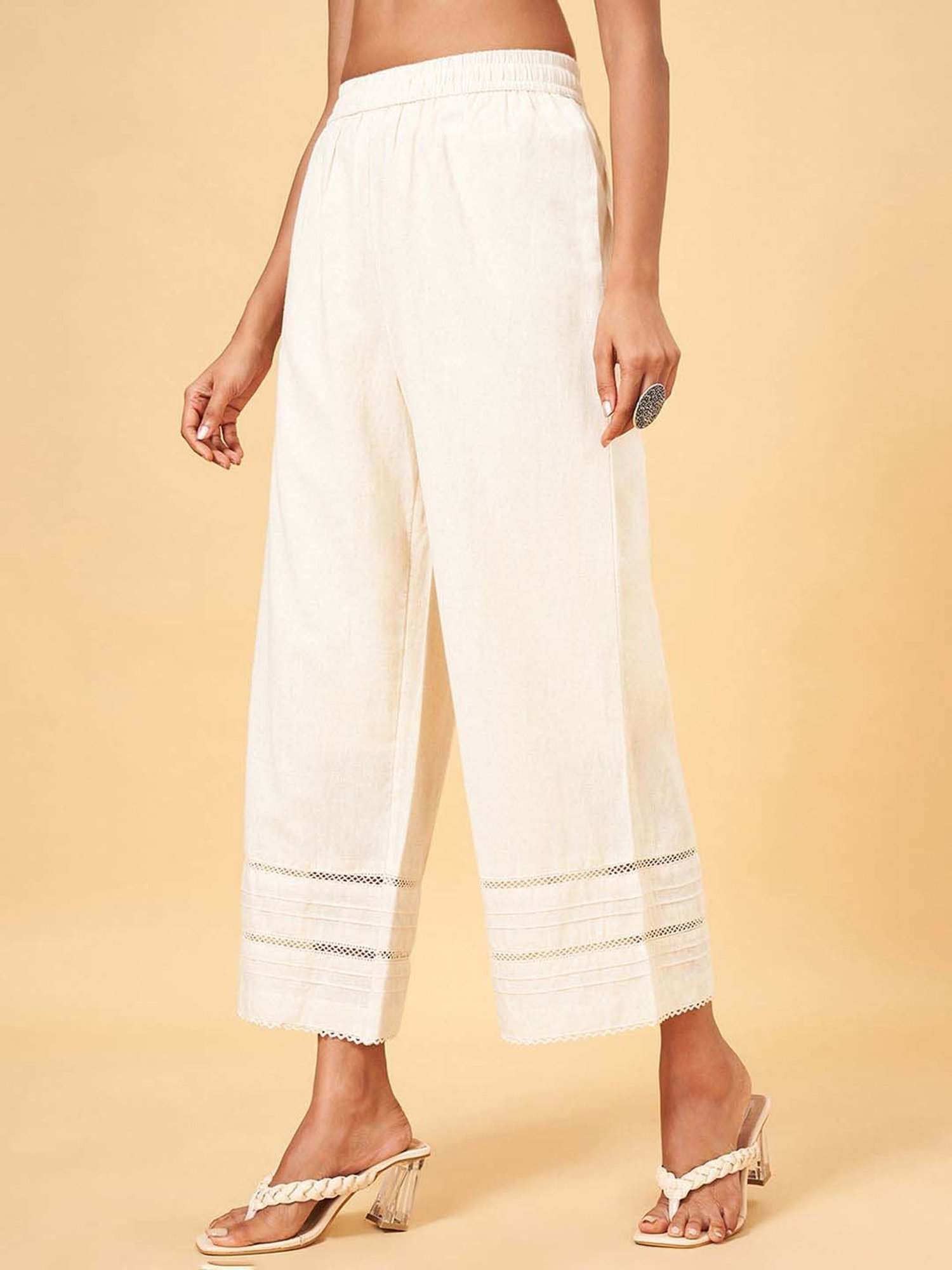 Rangmanch by Pantaloons Off-White Cotton Self Pattern Palazzos