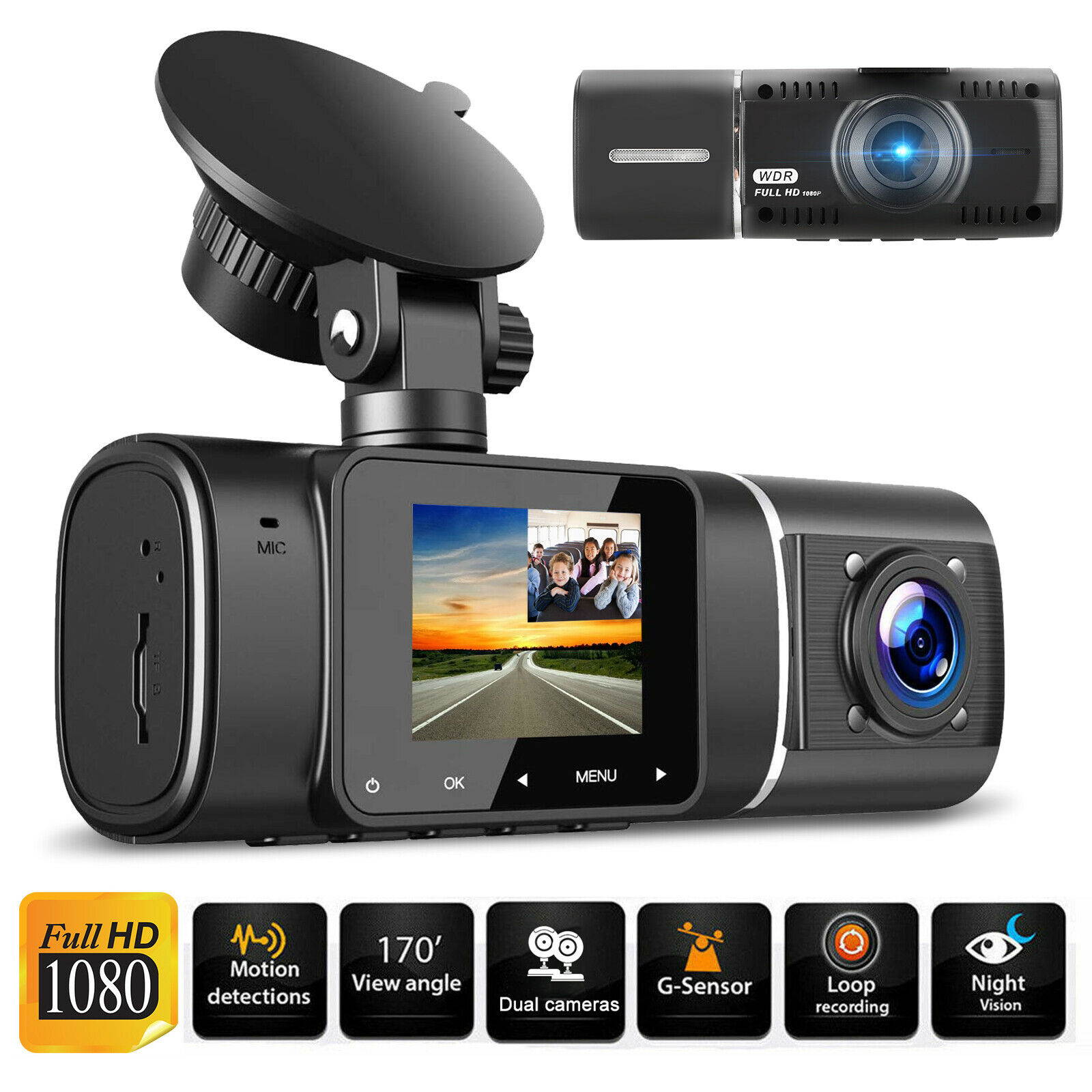 Dual Lens Front  Inside Camera HD Car DVR Dash Cam Video Recorder Night Vision