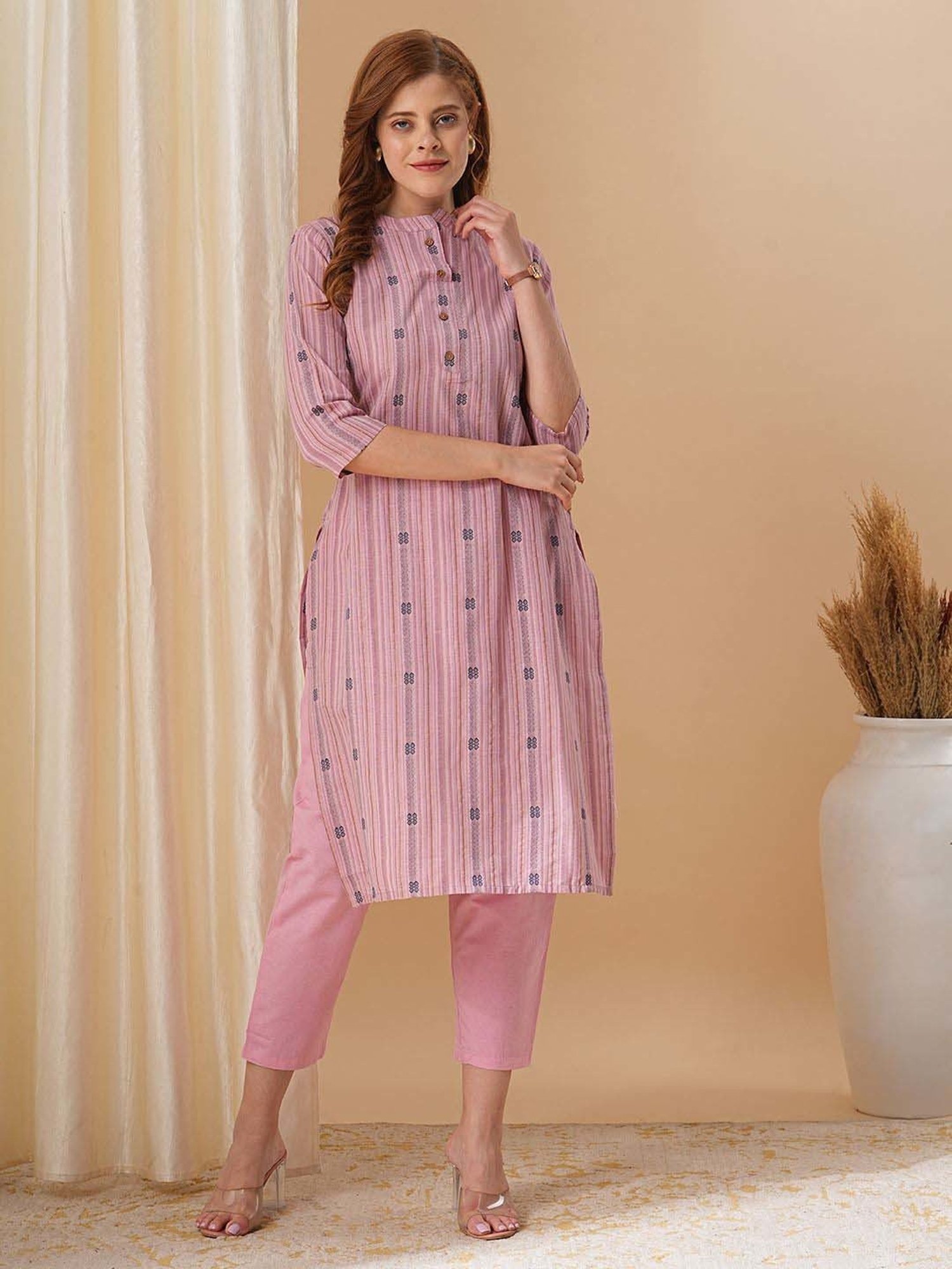Fashor Lilac Cotton Woven Pattern Kurta & Pant Set