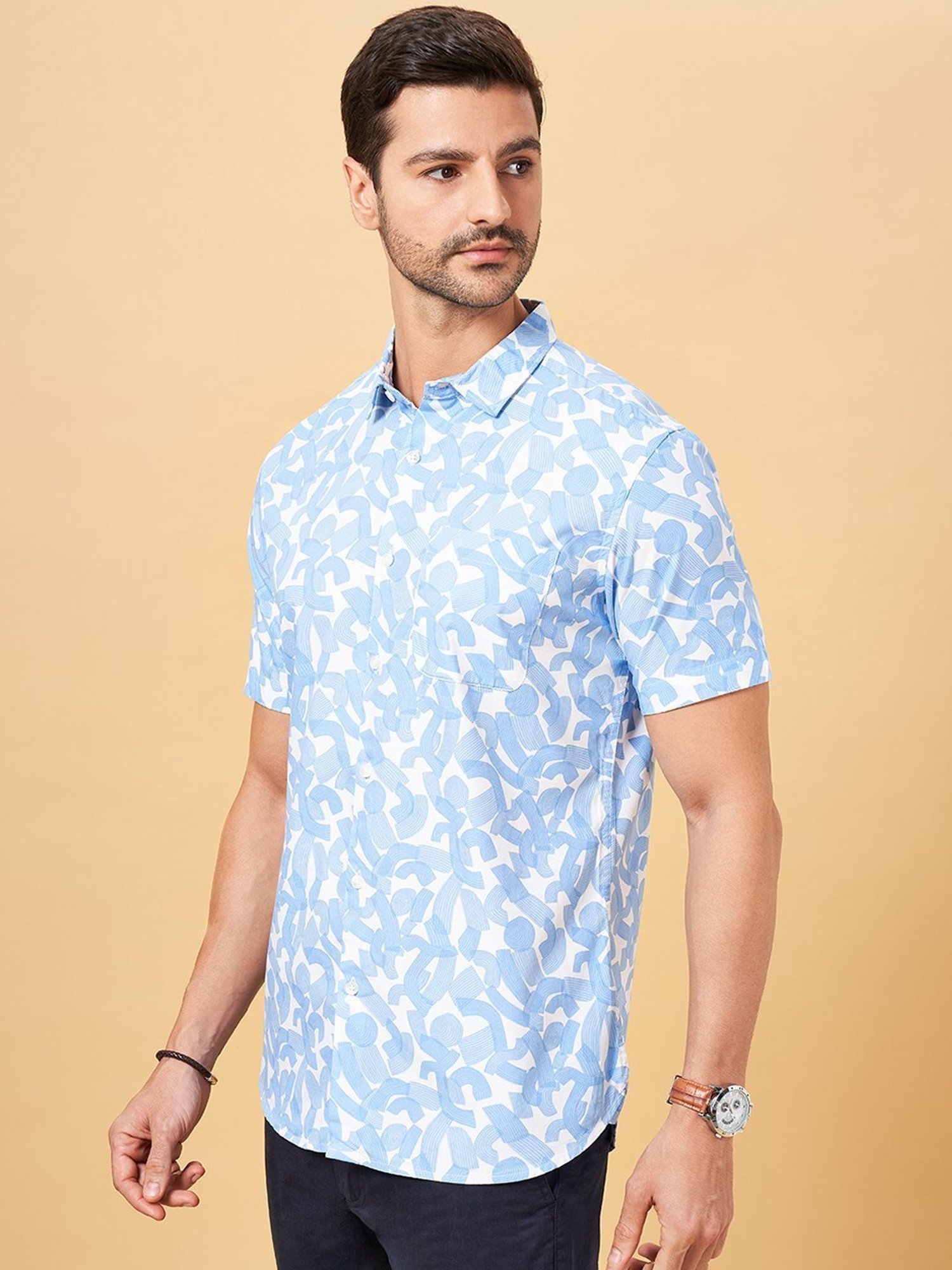 Spykar Blue Cotton Slim Fit Checks Shirt