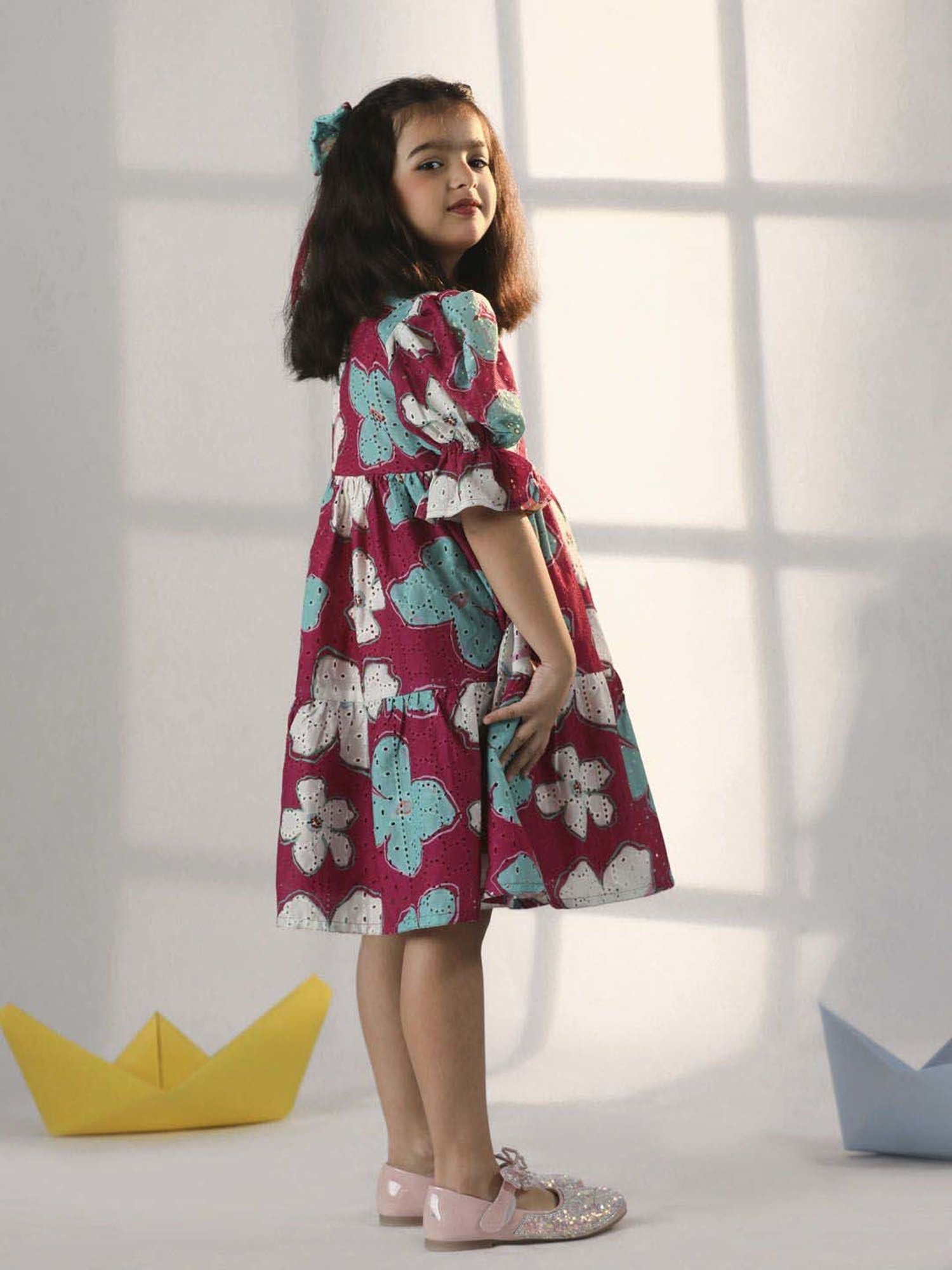 VASTRAMAY Girls Pink & Blue Floral Dresses