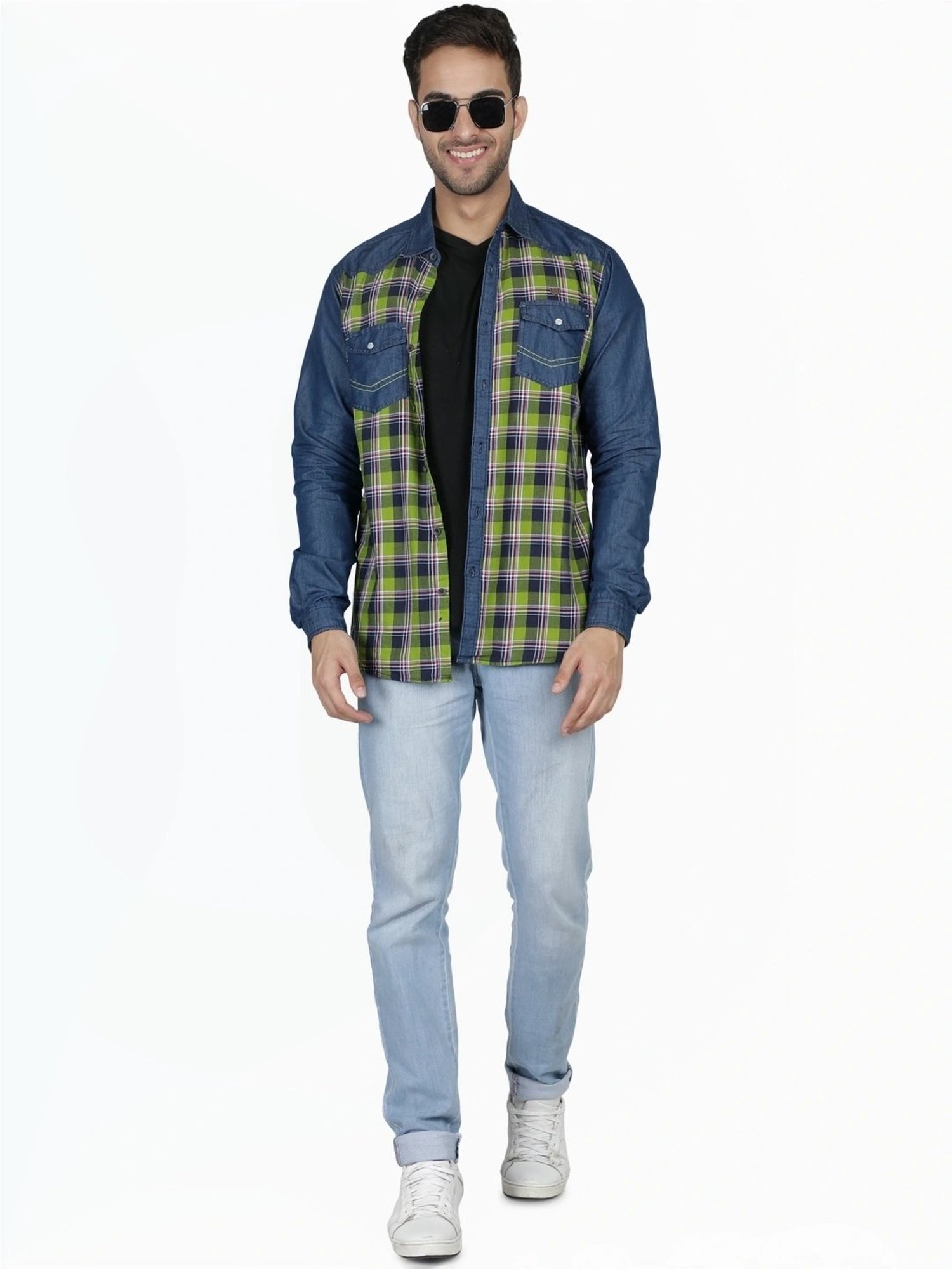 Kuons Avenue Green & Blue Slim Fit Checks Denim Shirt
