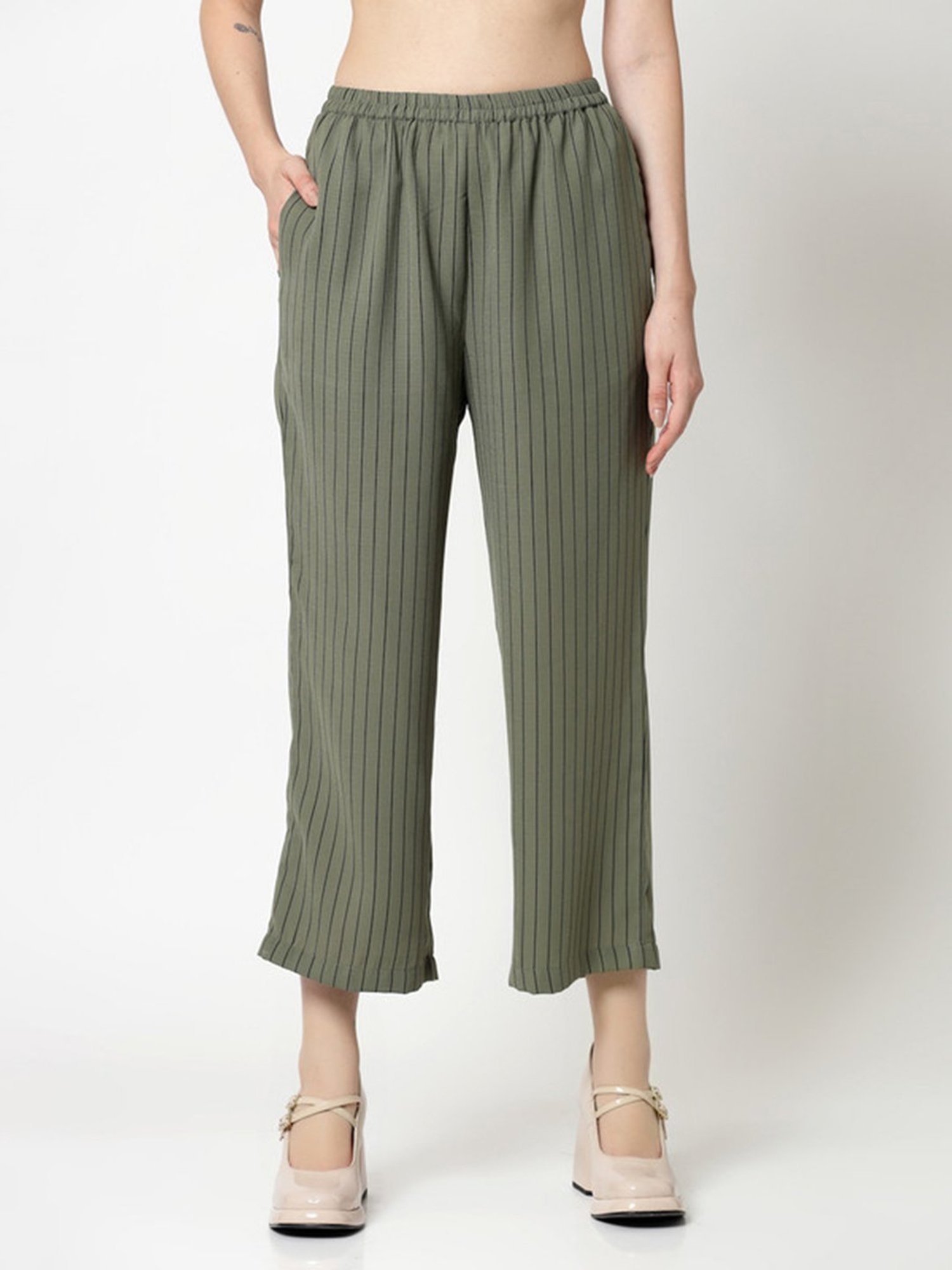 Office & You Olive Striped Regular Fit Mid Rise Trousers