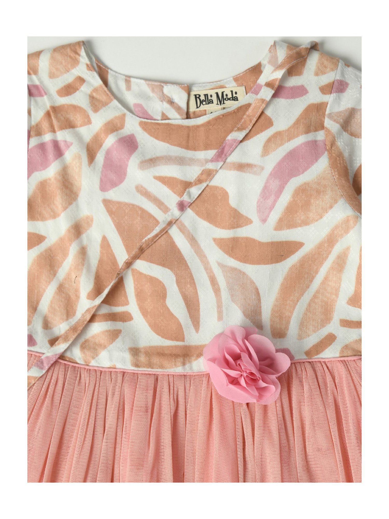 Bella Moda Kids Peach & White Printed Fit & Flare Dress with Bag