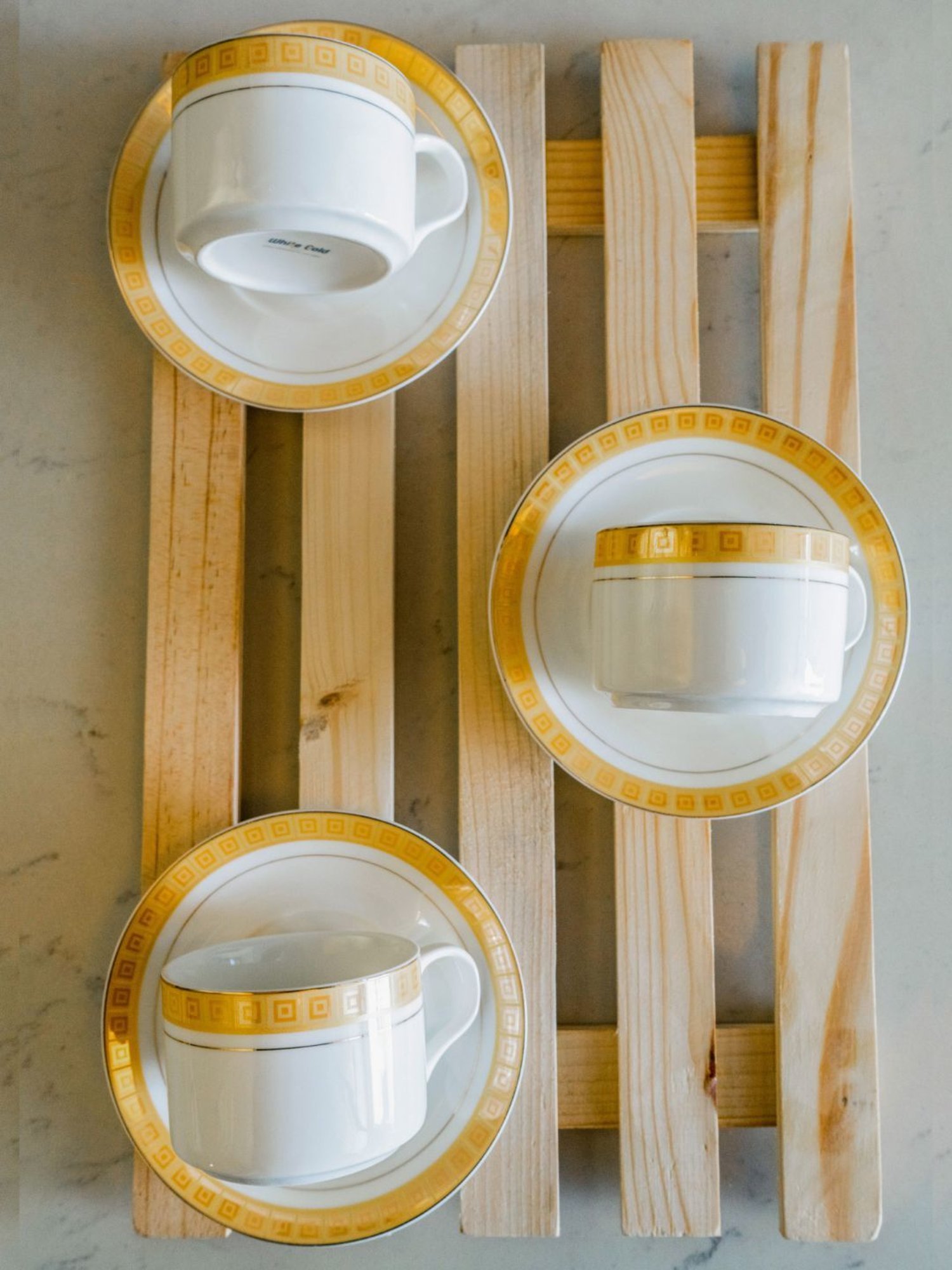 White Gold Printed White Porcelain Tea Cup & Saucer - Set of 6 (120ml)