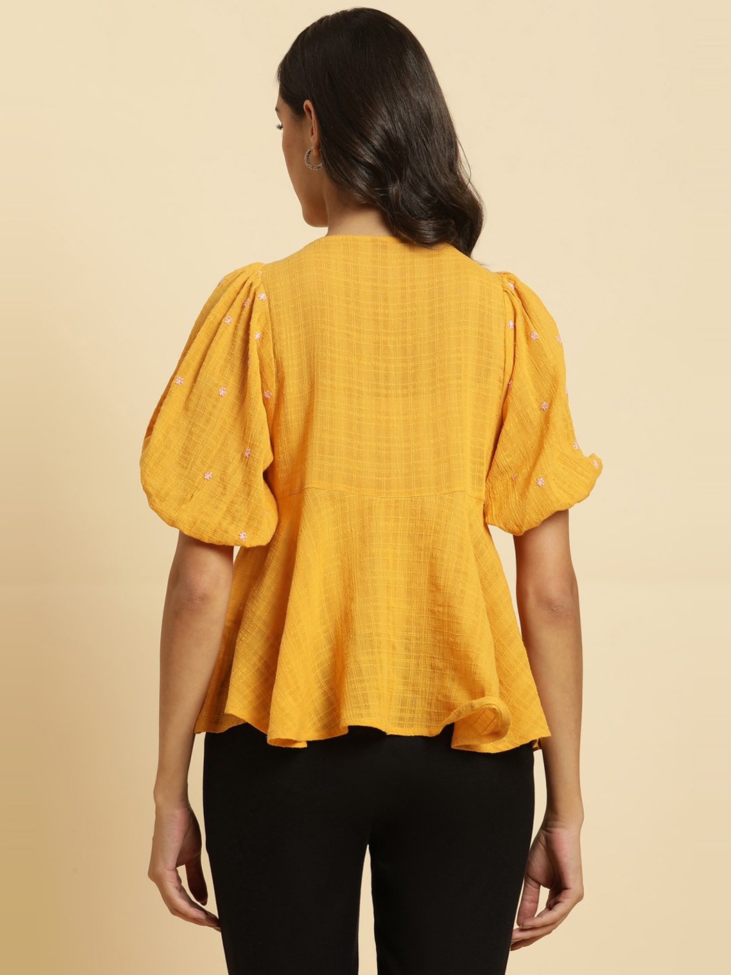 W Yellow Cotton Embroidered Top