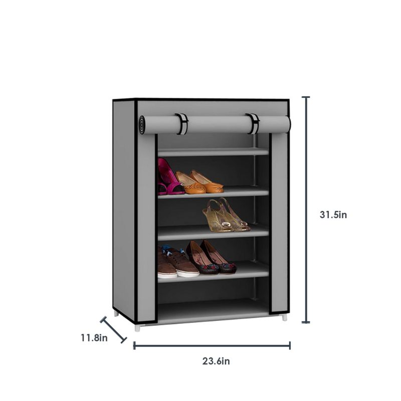 Home Basics 5 Tier Quick Set Up Portable Free-Standing Wardrobe 12 Pair Shoe Cabinet Closet Organizer with Fabric Shelves and Roll-Down Cover, Grey