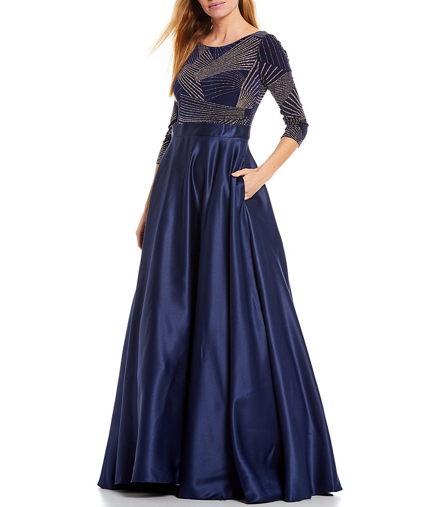 Jkara Chiffon Popover Beaded V-Neck 3/4 Capelet Sleeve Gown