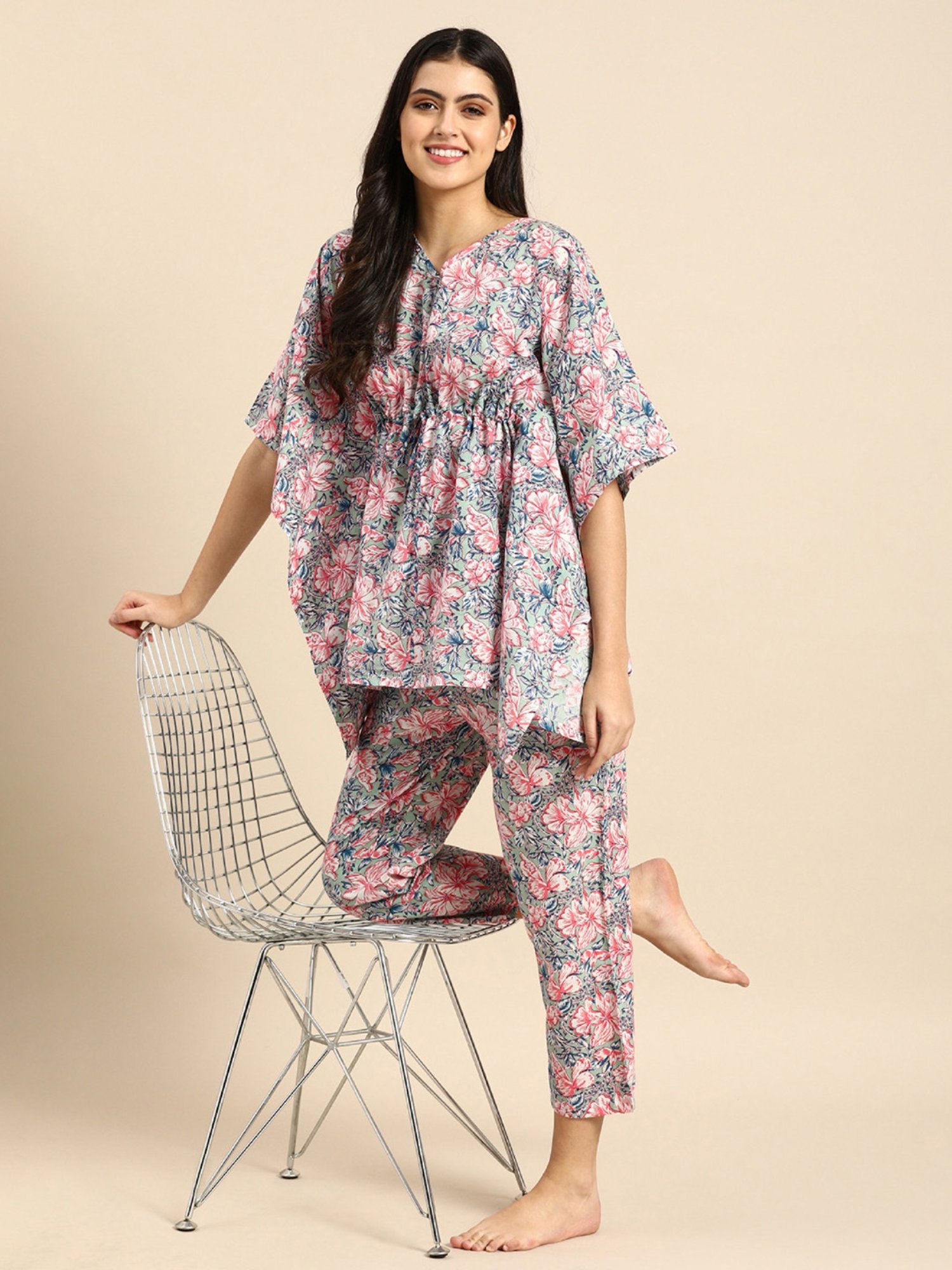 Clt.s Multicolor Printed Kaftan With Pyjamas