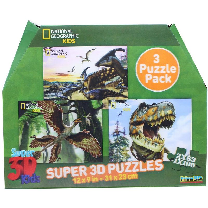 National Geographic National Geographic- Super 3D Children's 63/100pc Dinosaur Puzzle Set of 3 12" x 9"