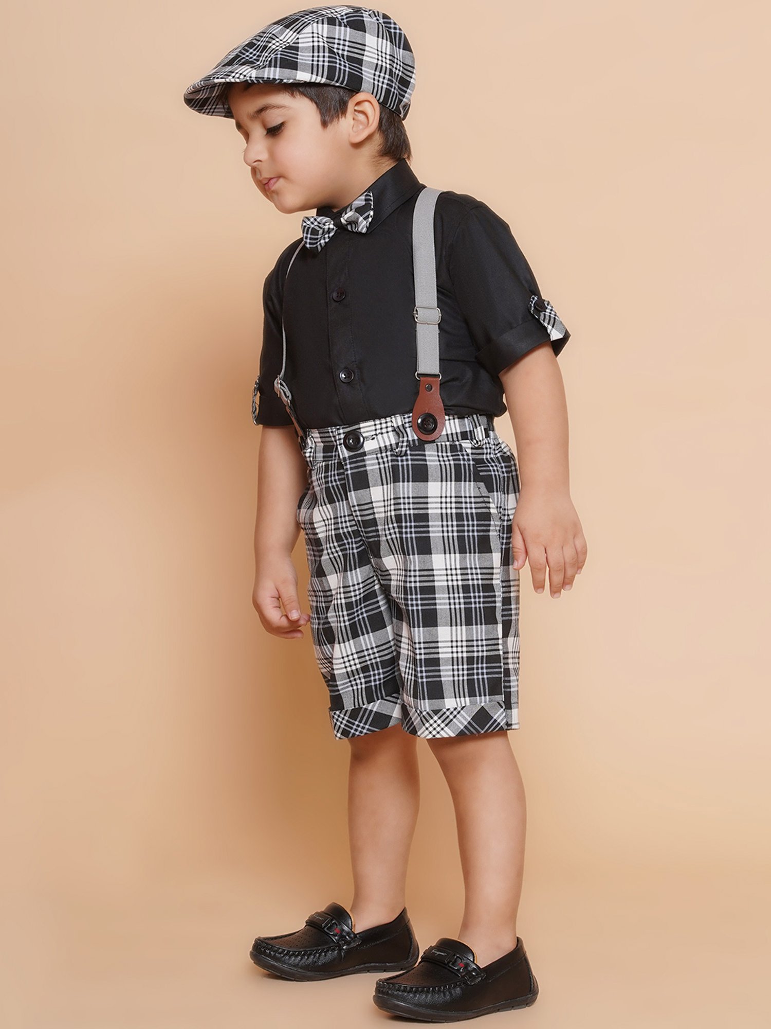 AJ Dezines Kids White & Black Checks Shirt, Shorts, Suspender, Bow & Cap