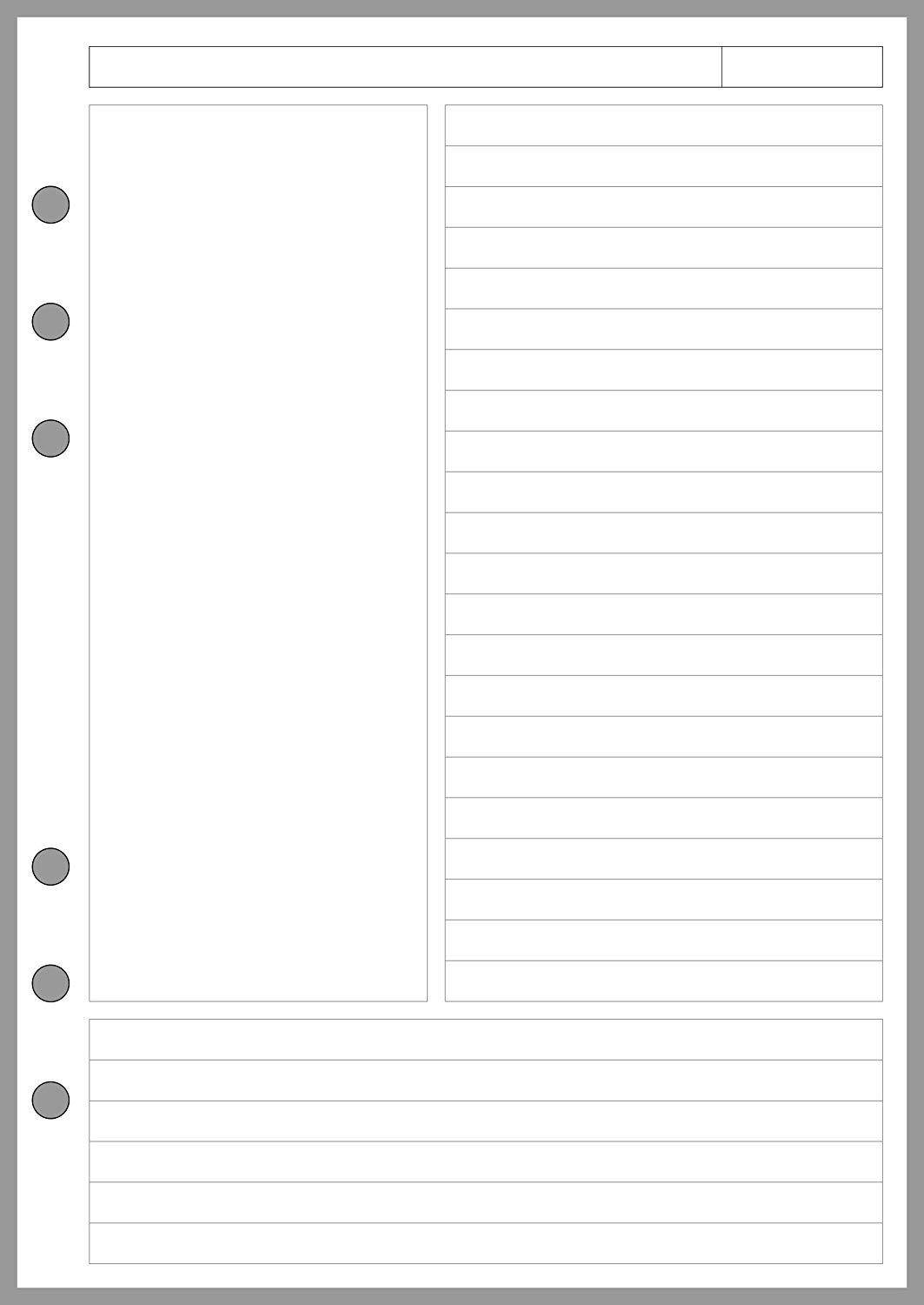 A5 Size Cornell-style Notes pages, Sized and Punched for 6-Ring A5 Notebooks by Filofax, Mulberry, Kikki K, TMI, and others. Sheet Size 5.83" x 8.27" (148mm x 210mm)