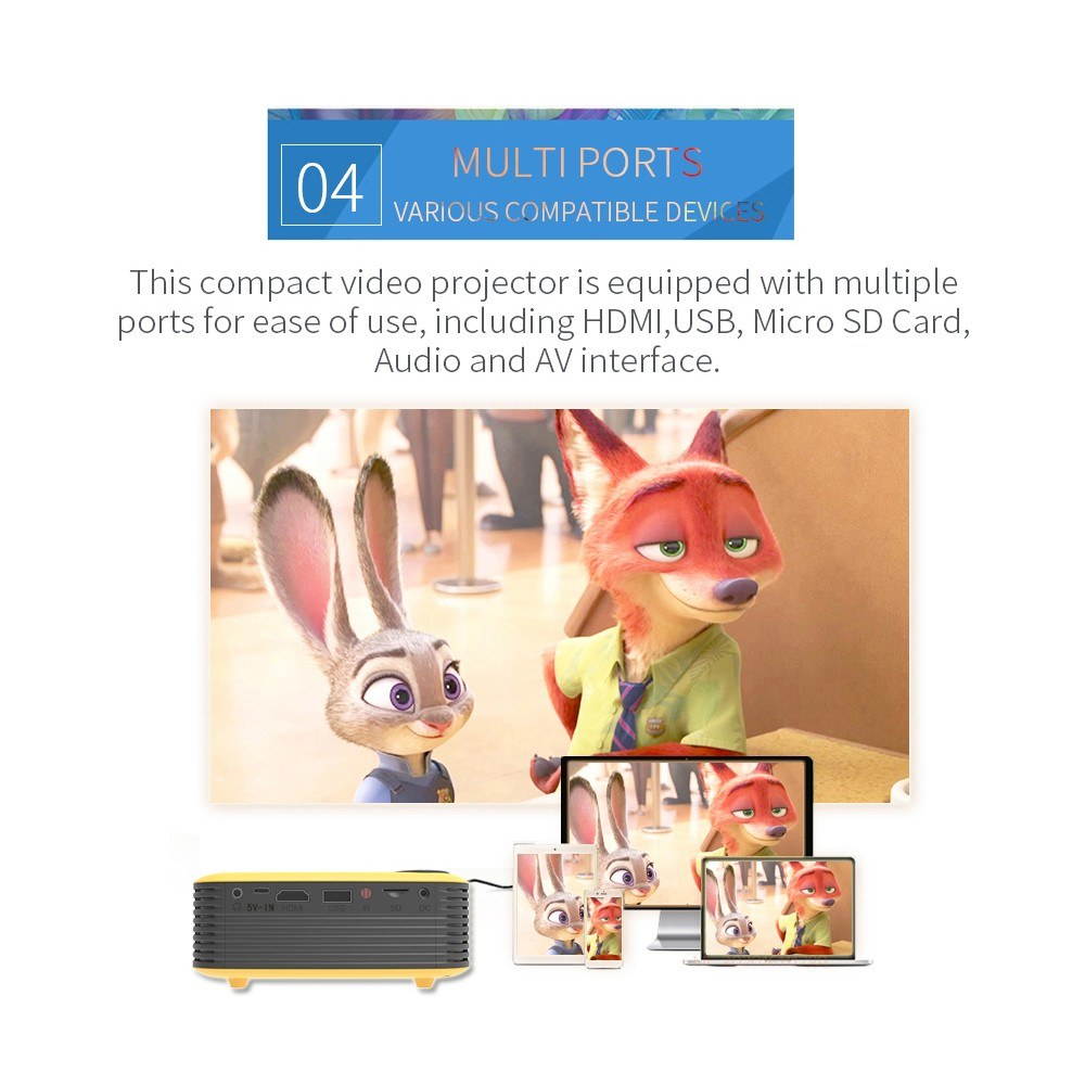 Mini Portable Projector Supports 1080P LCD 50,000 Hours Lamp Life Home Theater Video Projector Lightweight and Support Power Bank for TV Box/XBOX/TF Card/U Disk US Plug