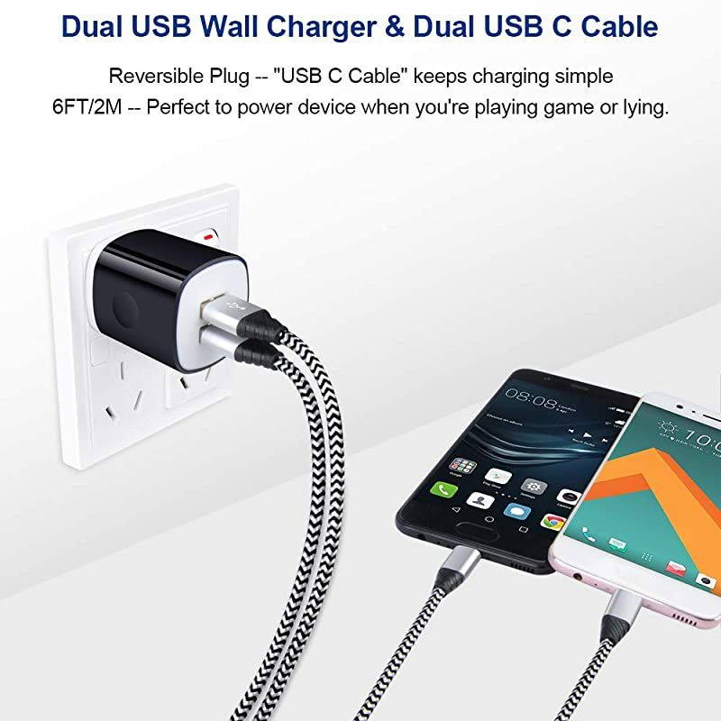 USB Wall Charger with USB C Cable, Type C Charger Cord 2 Pack Fast Charging Compatible for Compatible for LG G7 G8 G8X G8s ThinQ Stylo 5 4, Samsung Galaxy A10E S10 10E Note 10