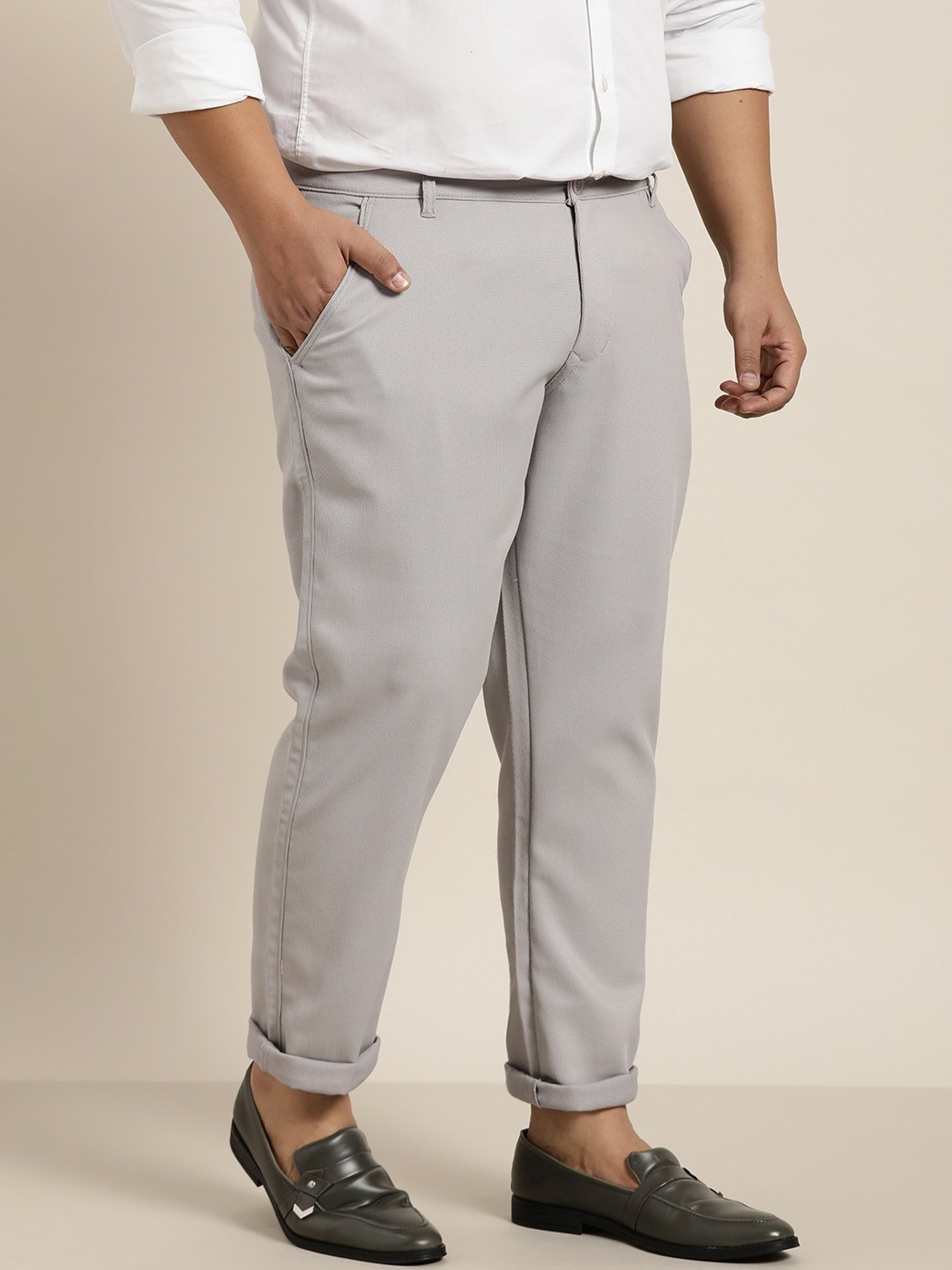 Sojanya Grey Cotton Regular Slim Fit Self Pattern Flat Front Trousers