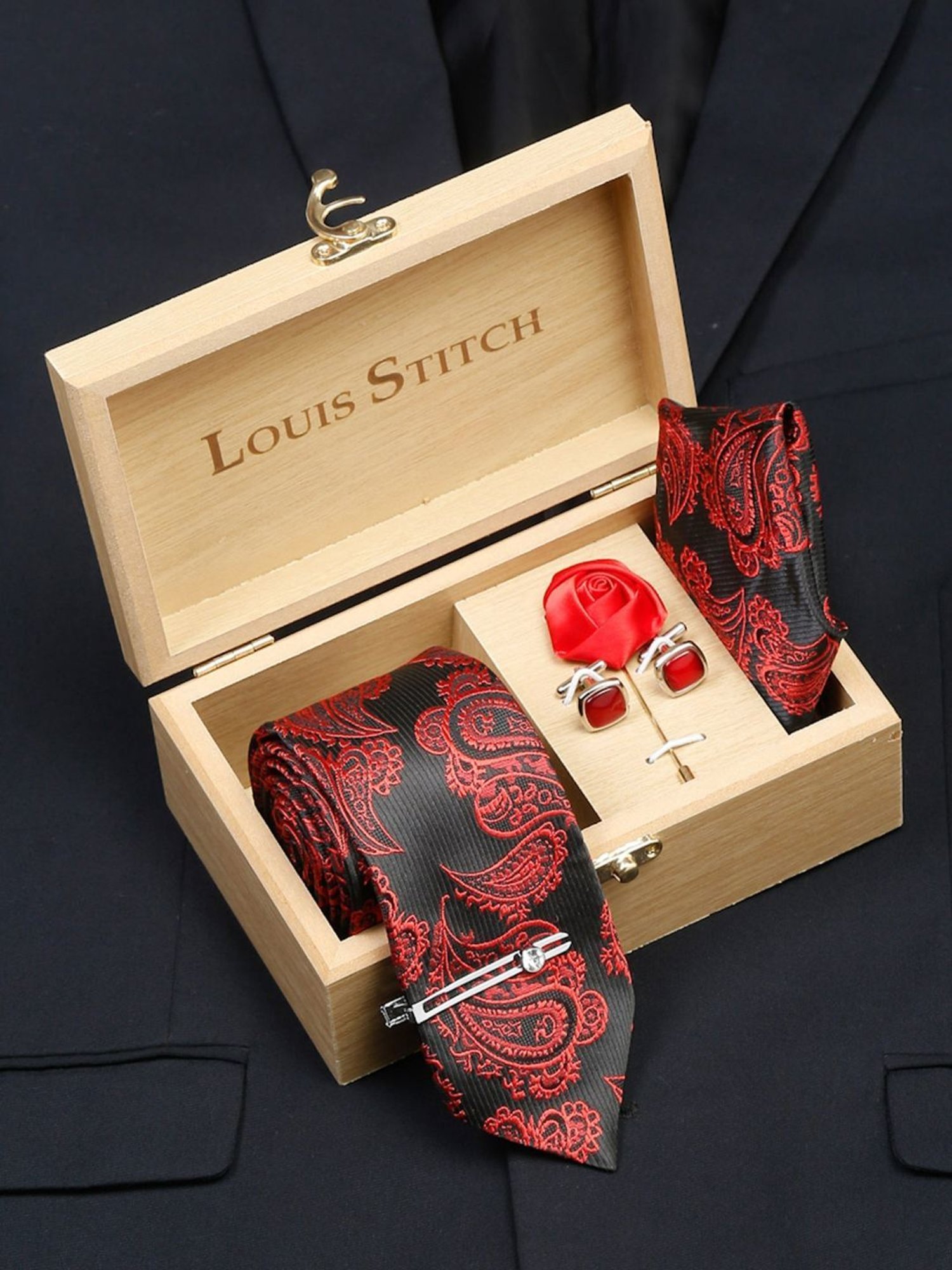 Louis Stitch Red Printed Necktie Gift Set - Set of 5