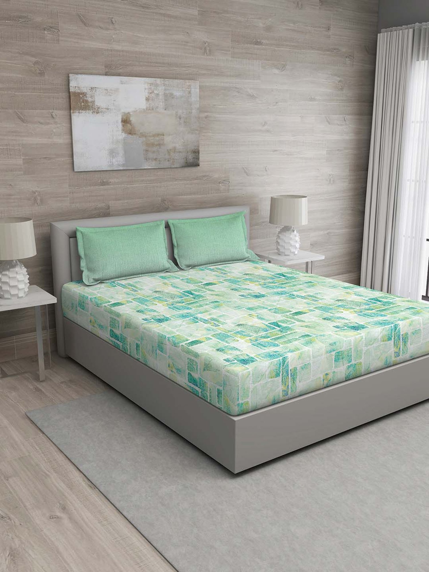 GM Green 100% Cotton 144 TC Queen Bedsheet Set