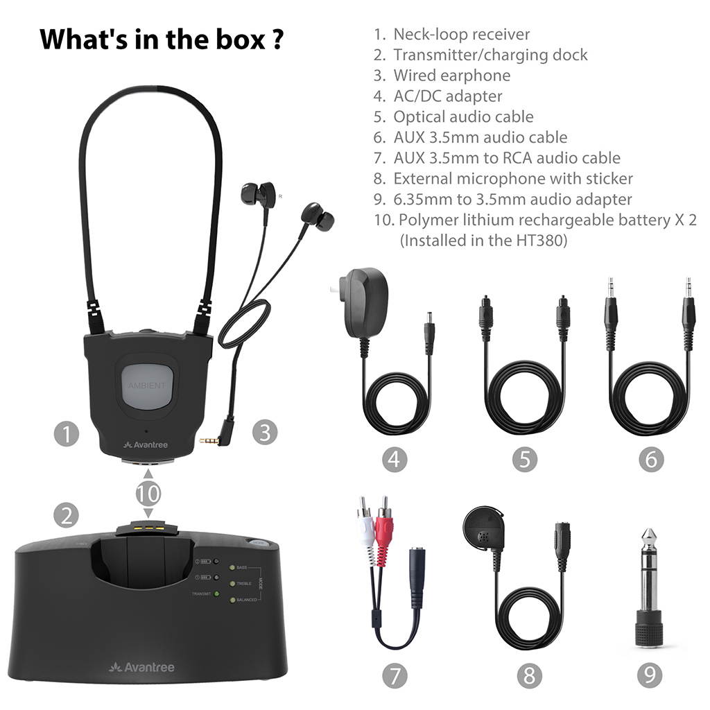 Avantree Digital Wireless Headphones Set for TV Watching for Seniors & Hearing Impaired, High Volume Left, Right Ear Balance, Awareness Monitor, Hearing Aids Earbuds Support via Telecoil - HT380