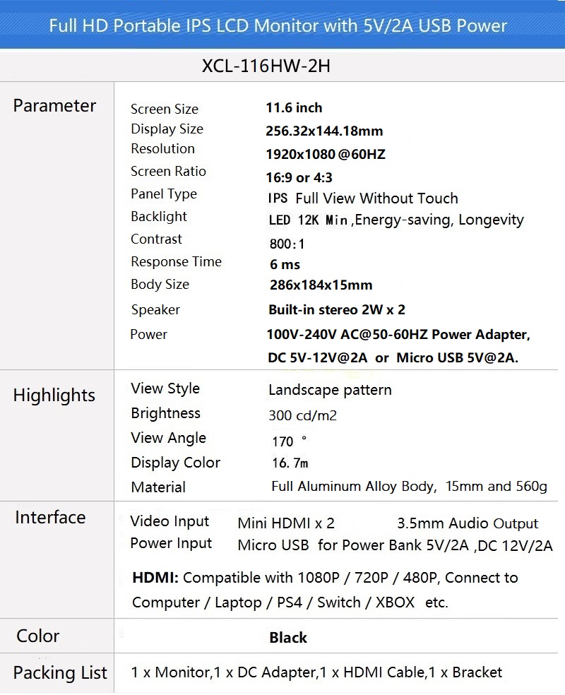 11.6" 1920x1080 60Hz Full HD Portable Lightweight 1080p IPS LED LCD Monitor with Mini HDMI x 2 / 3.5mm Headphone / Micro USB Ports, 5V 2A USB / DC Power Supply, Dual Built-in Speaker.