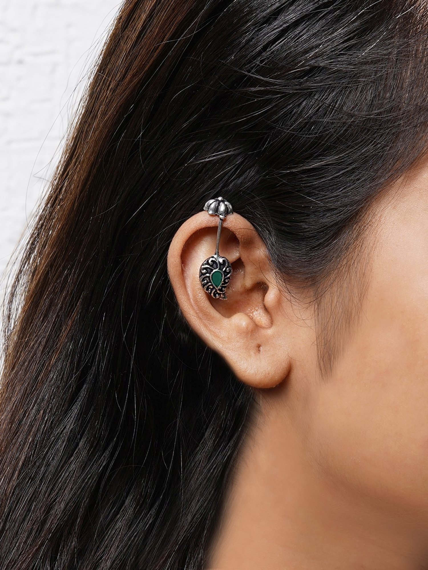 Teejh Ethnic Mitali Green Stone Silver Oxidsed Ear Cuff Earrings