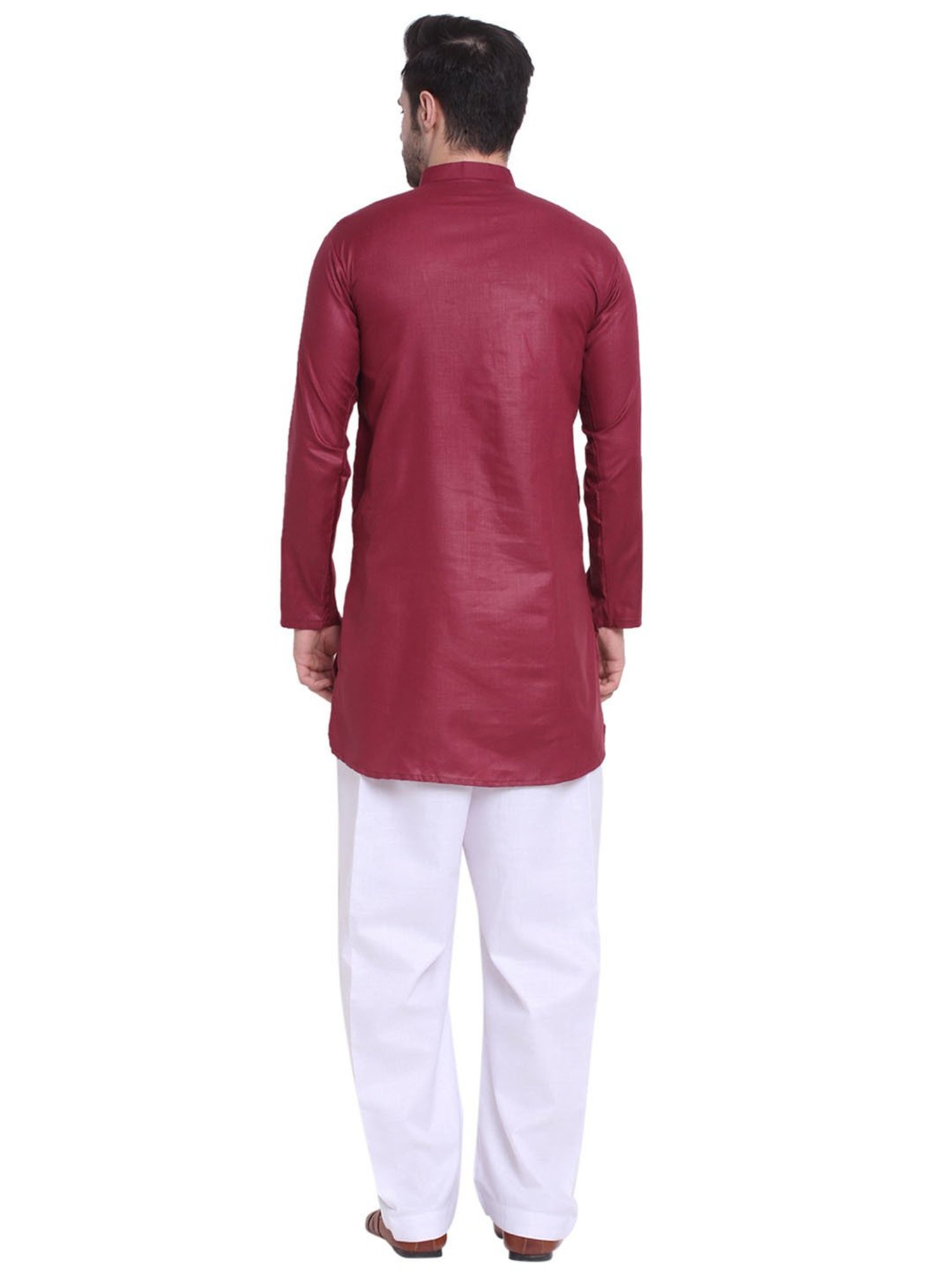Benstoke Maroon & White Regular Fit Asymmetric Kurta & Pyjamas Set