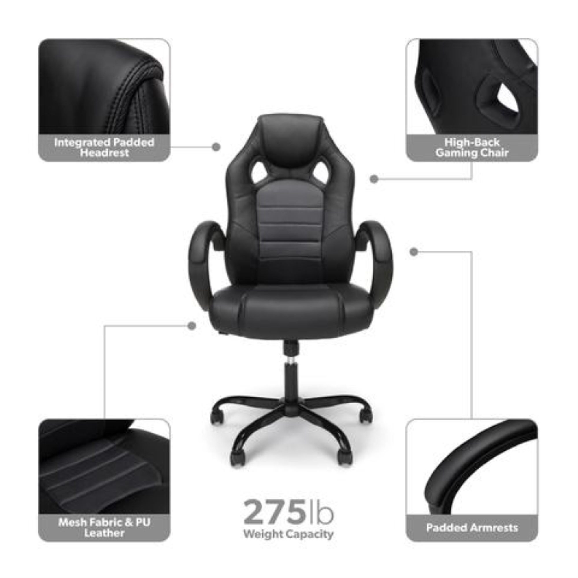 Essentials Collection High-Back Gaming Chair, Padded Loop Arms, in Gray (ESS-3083HB-GRY)
