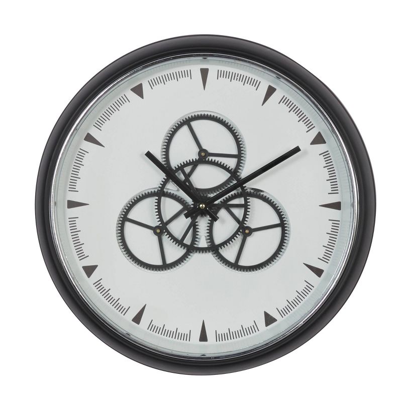 20" x 20" Round Metal Wall Clock with Functioning Gear Center Black/White - Olivia & May