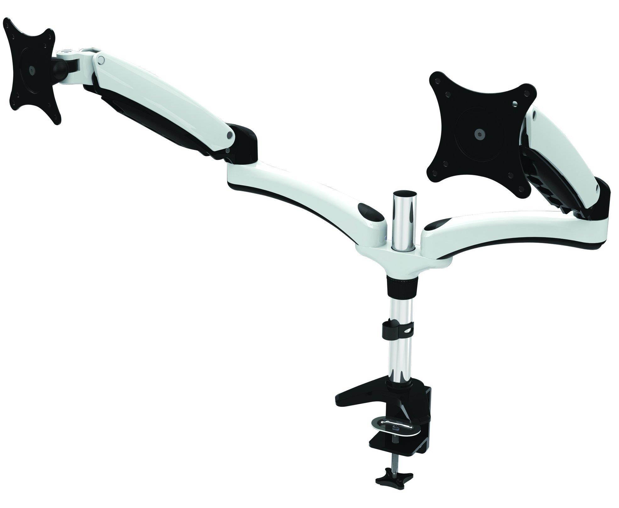 Dual Articulating Monitor Mount. Clamp Base. Supports 15 to 28" monitors. VESA Mounting