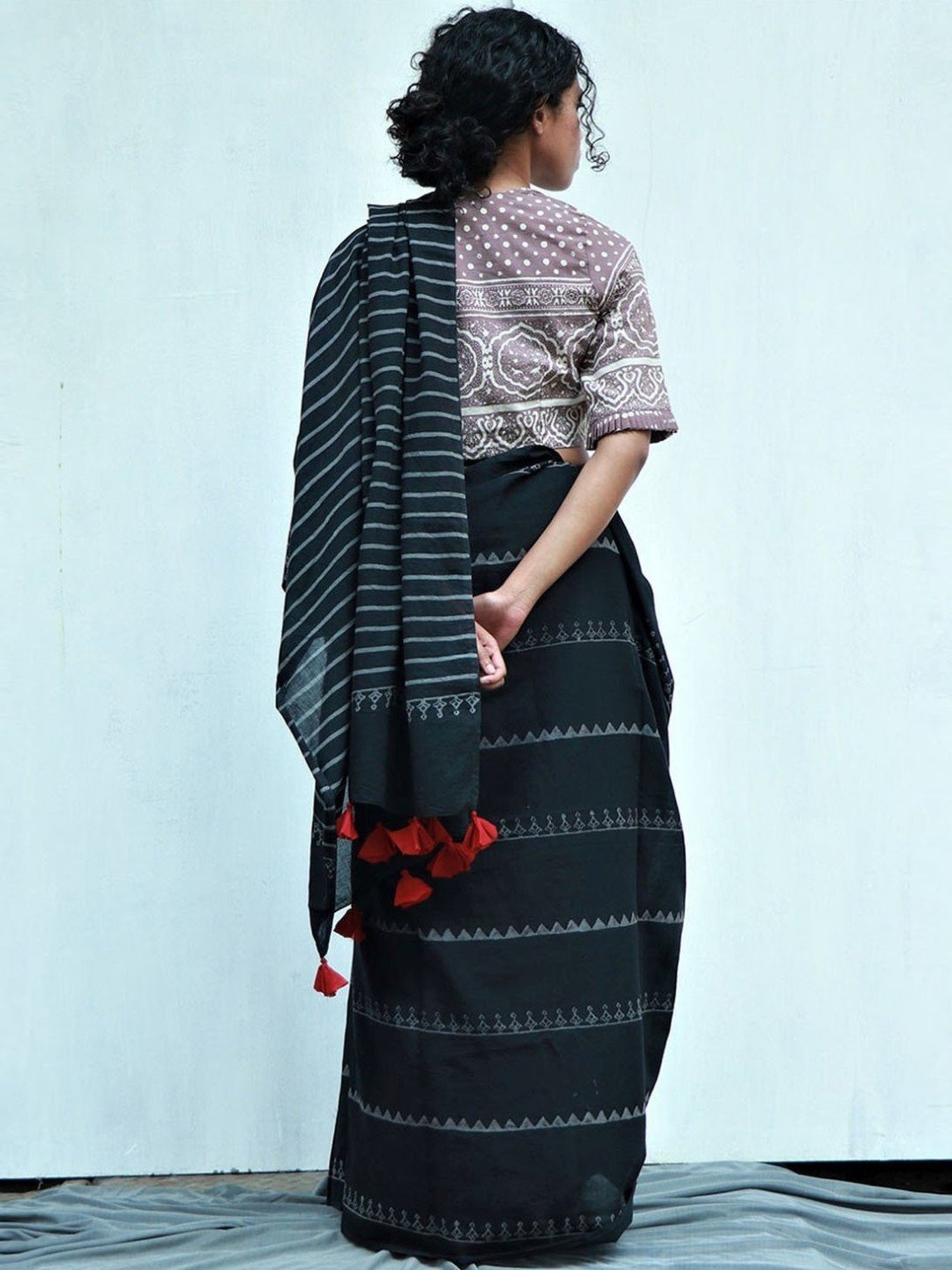 Chidiyaa Black Fly Me to the Moon Matilda Hand Blockprinted Cotton Saree