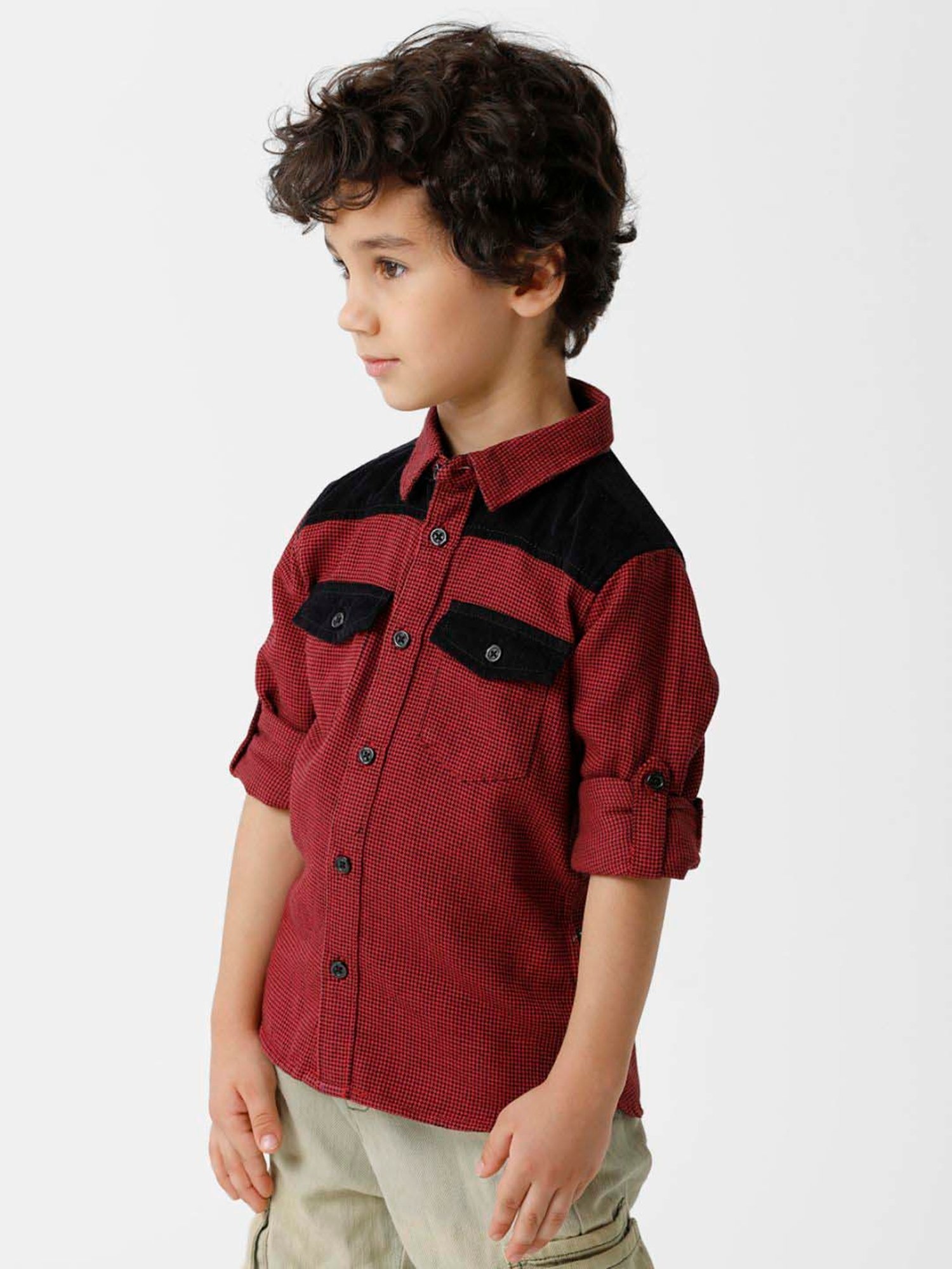 Kate & Oscar Kids Red & Black Cotton Houndstooth Full Sleeves Shirt