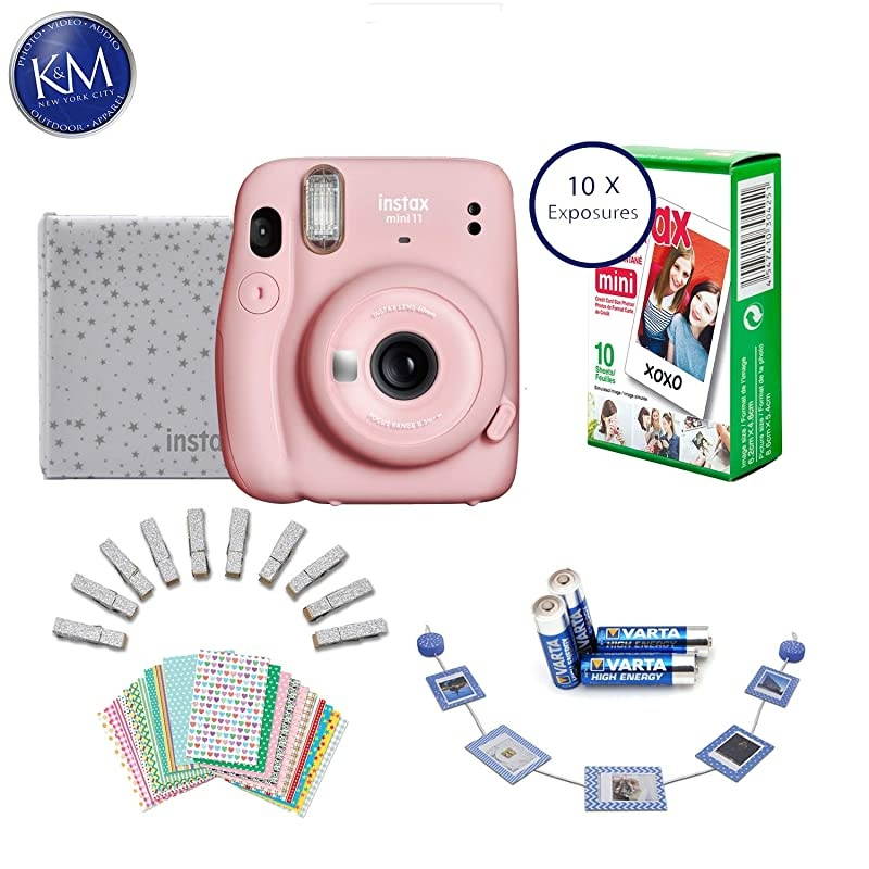 INSTAX Mini 11 Instant Film Camera Blush Pink + 10 Fresh Exposures + AA Batteries + Glitter Pegs + Frame Stickers + Wood Photo Holder + Photo Album