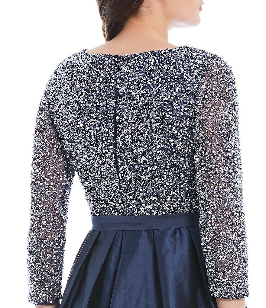 Pisarro Nights Petite Size Round Neck 3/4 Sleeve Beaded Bodice Taffeta Gown