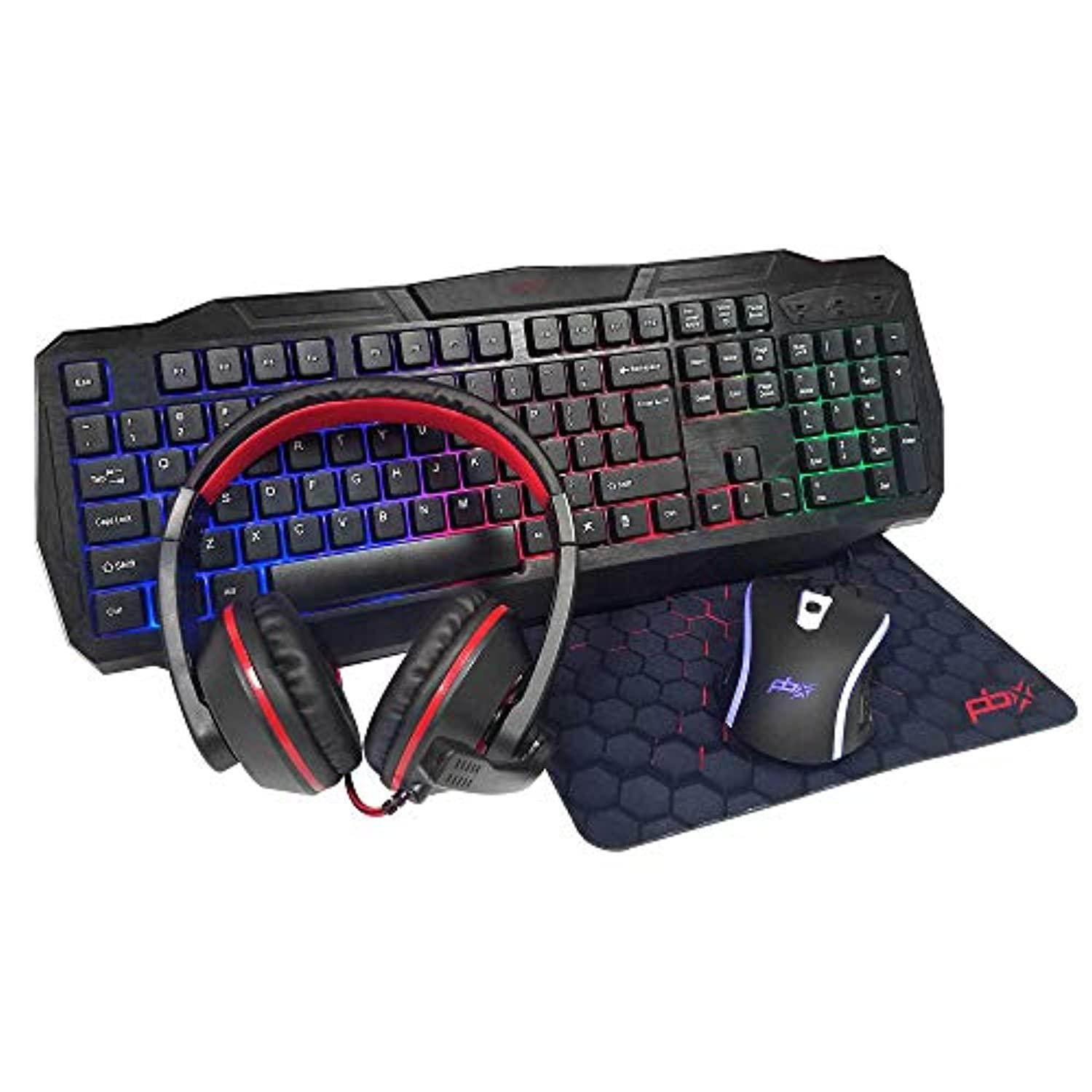 PBX 4-in-1 Pro Gaming Combo Kit &ndash; Wired Backlit Tactile Keyboard and Gaming Mouse, with Mousepad and Gaming Headset - Computer Gamers Hardware Setup and Accessories &ndash; Best Gift for Gamers