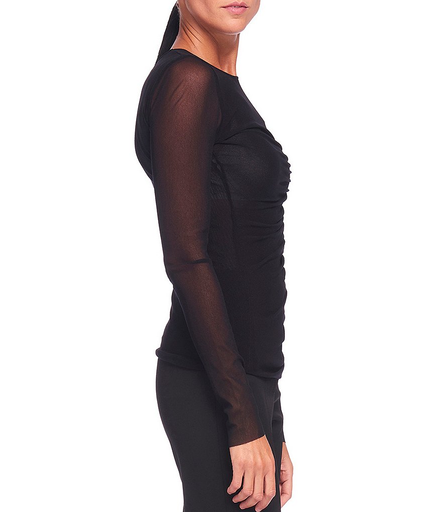 FUZZI Tulle Mesh Knit Crew Neck Ruched Long Sleeve Top