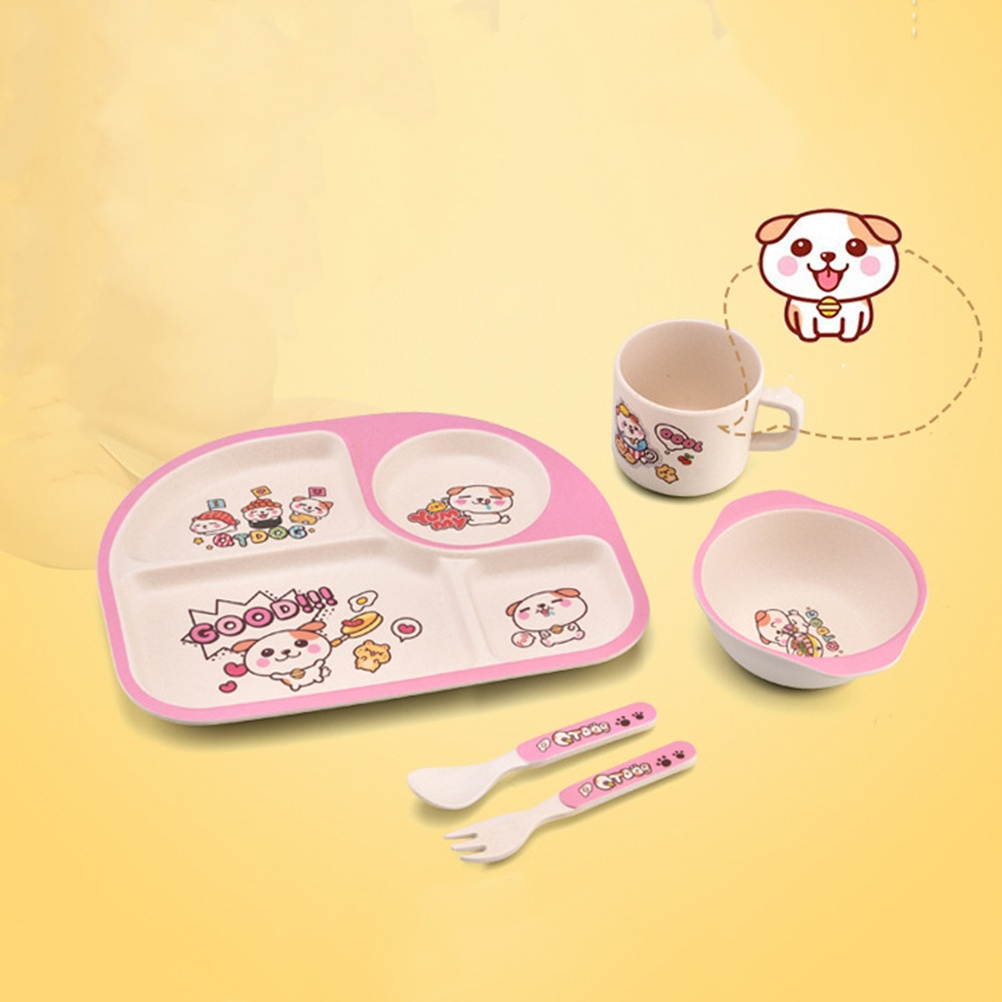 1 Set/5PCS Creative Bamboo Fiber Bowl Exquisite Dinner Tray Drop-Proof Dish Baby Separate Plate Cutlery Set for Babies Children (Pink)