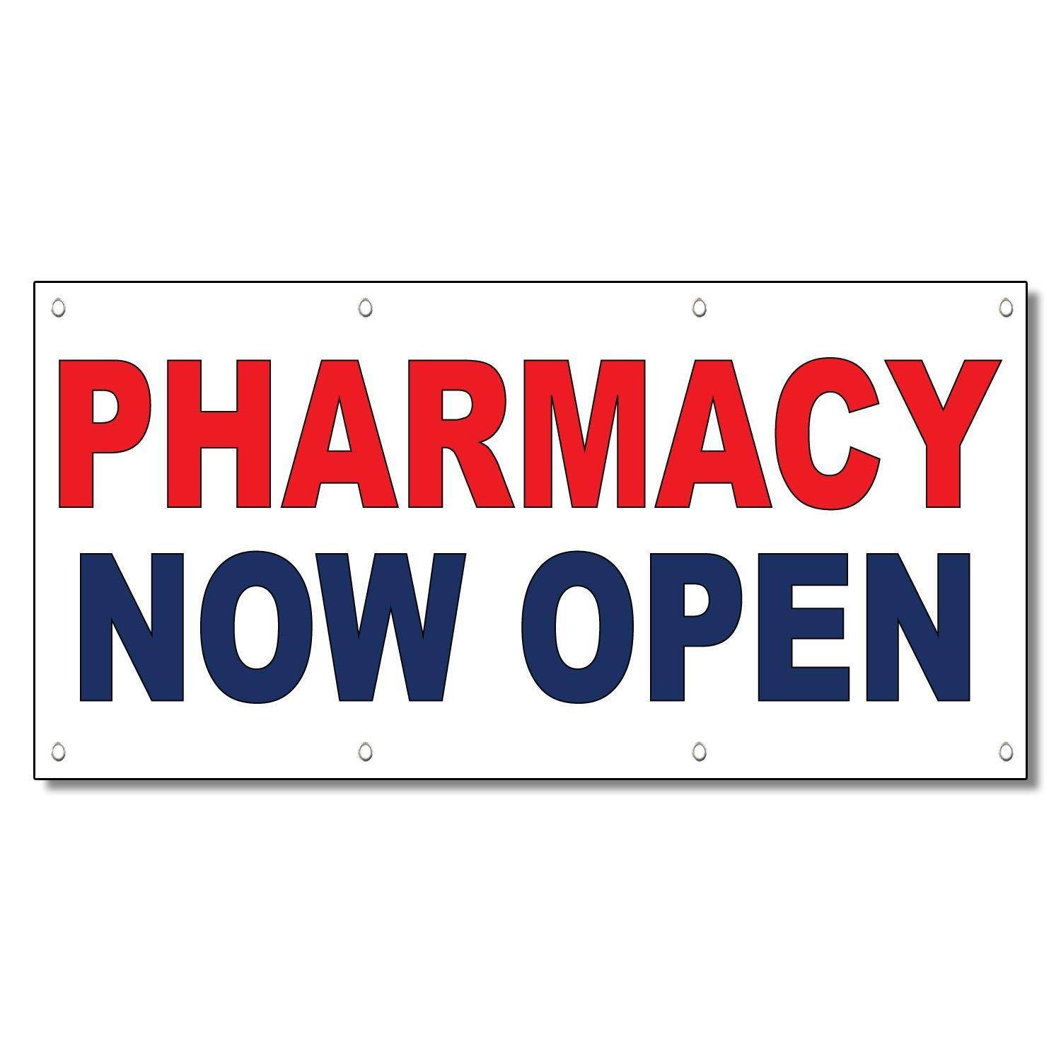 Pharmacy Now Open Red Blue 13 Oz Vinyl Banner Sign With Grommets 3 Ft x 6 Ft