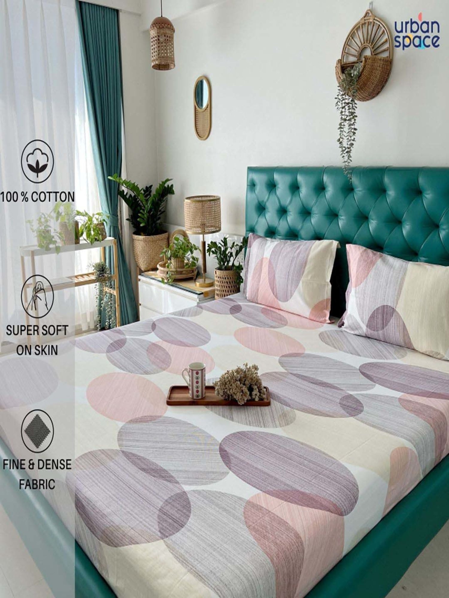 Urban Space Multicolor Cotton 200 TC Double Bedsheet with 2 Pillow Covers