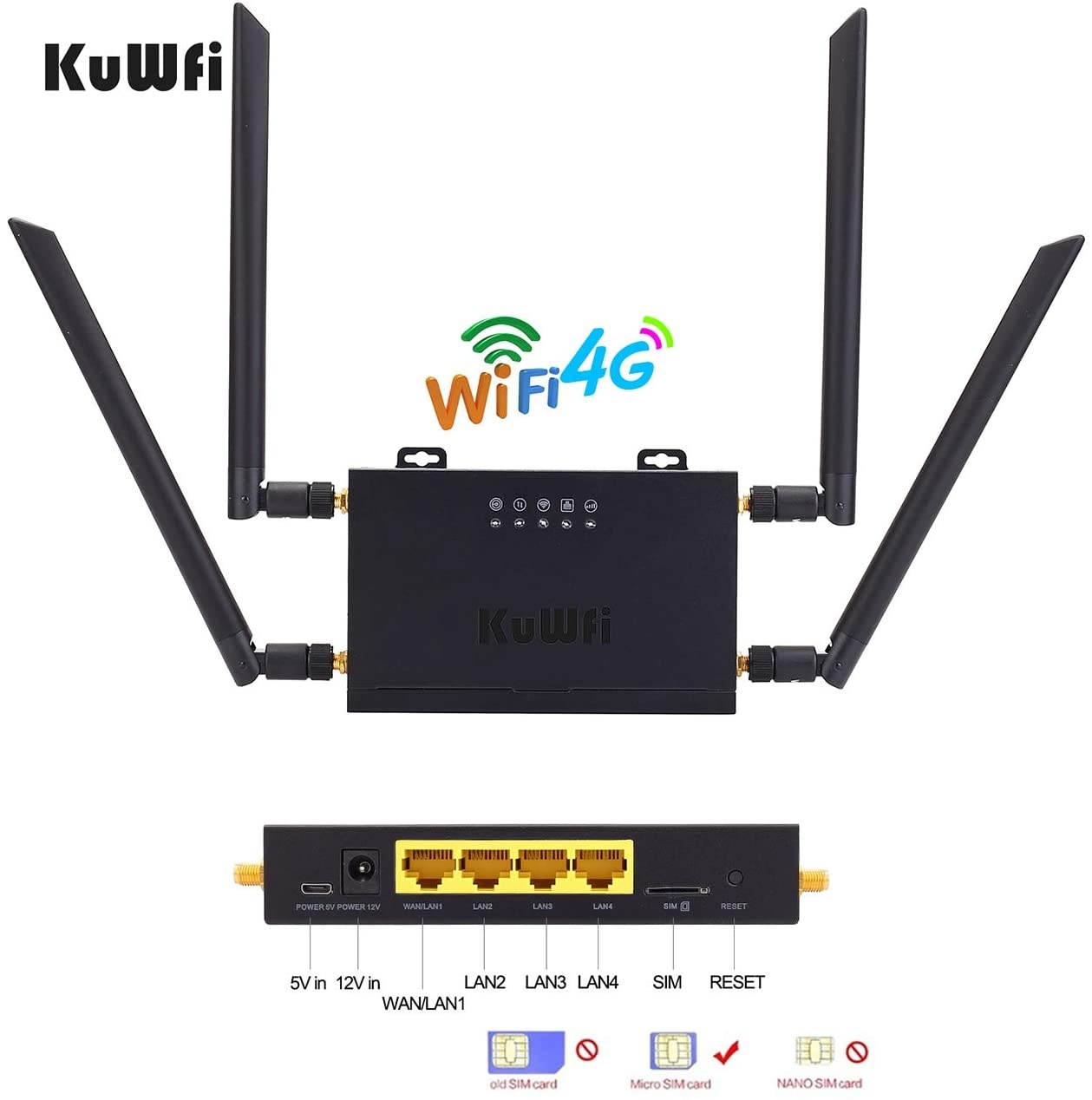 KuWFi 4G LTE Car WiFi Wireless Internet Router 300Mbps Cat 4 High Speed Industry CPE with SIM Card Slot and 4pcs External Antennas for USA/CA/Mexico Not for Verizon sim Card