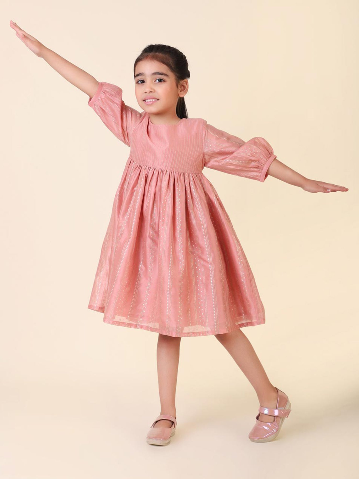 Fabindia Kids Peach Printed Dress