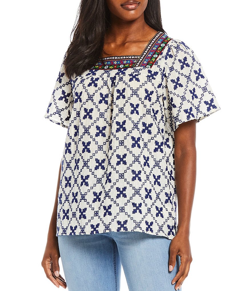 Tru Luxe Jeans Embroidered Square Neck Flutter Sleeve Top