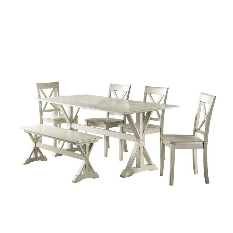 6pc Wooden Dining Set with 1 Bench and X Back Chairs White - Benzara