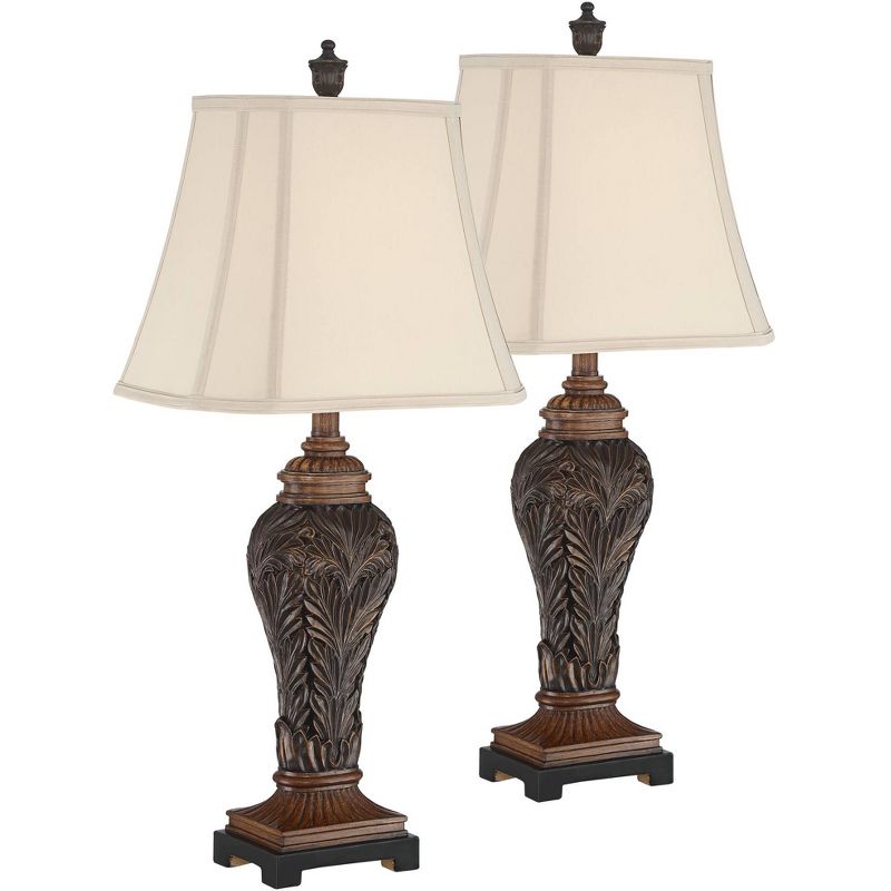 Barnes and Ivy Traditional Table Lamps Set of 2 Leafwork Bronze Vase Light Tan Cut Corner Rectangular Shade Living Room Bedroom