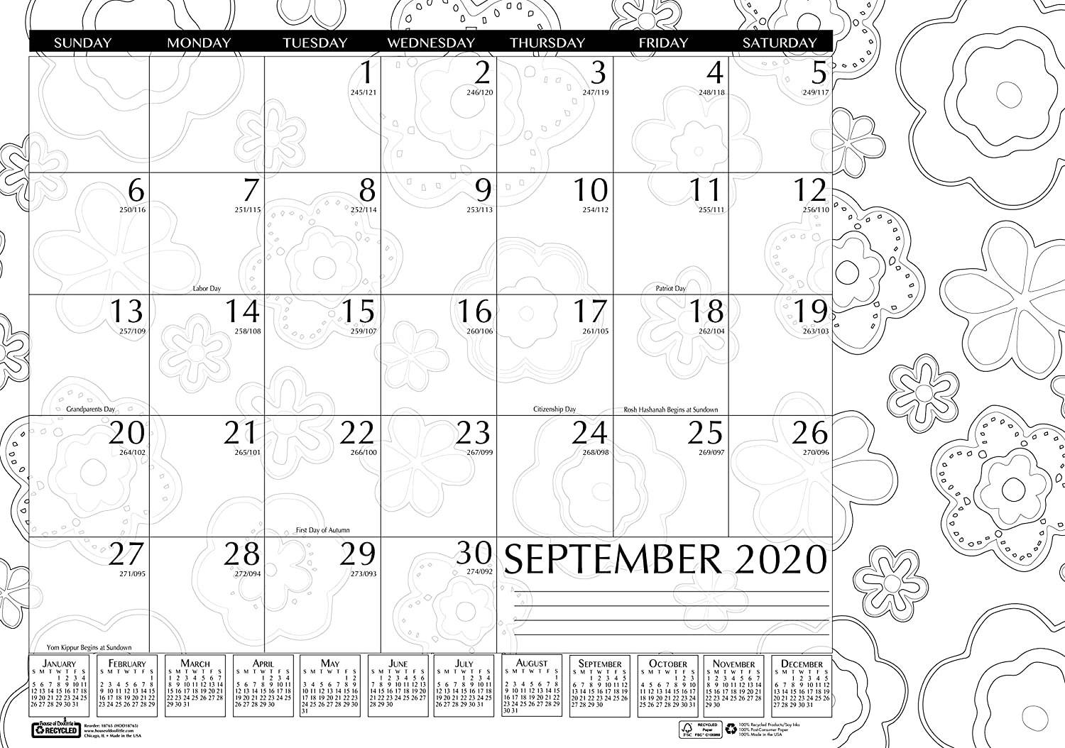 2020-2021 Monthly Desk Pad Calendar Academic Black and White Doodle 18.5 x 13 Inches August - July (HOD18765-21)