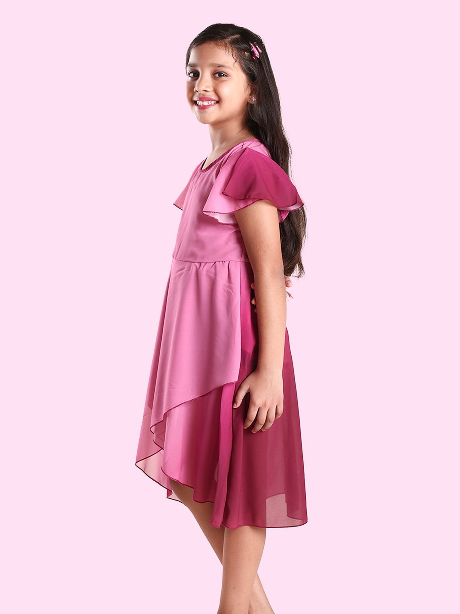 Kiddopanti Girls Pink & Maroon Solid Dress