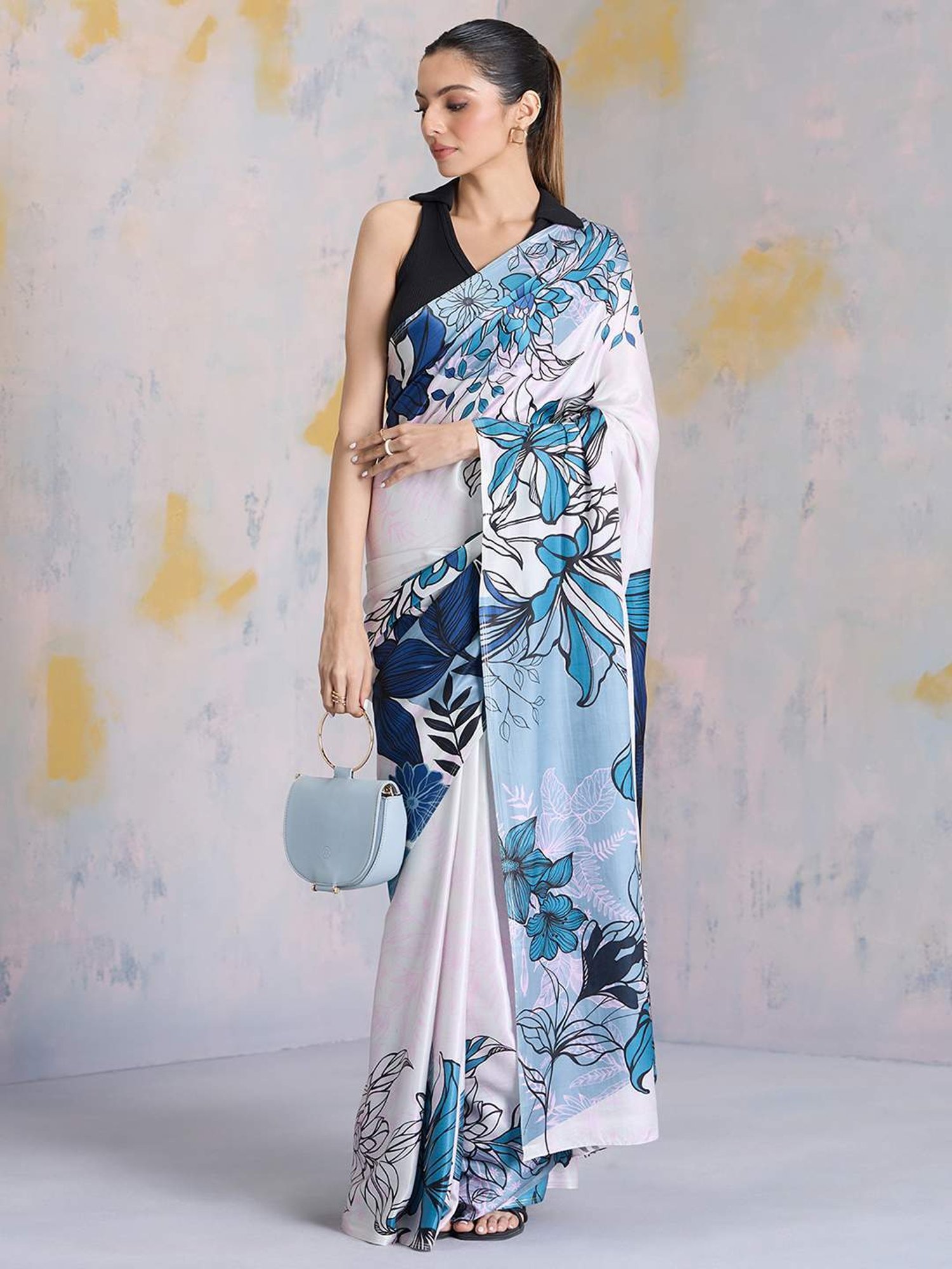 navyasa by liva White & Blue Printed Saree With Unstitched Blouse