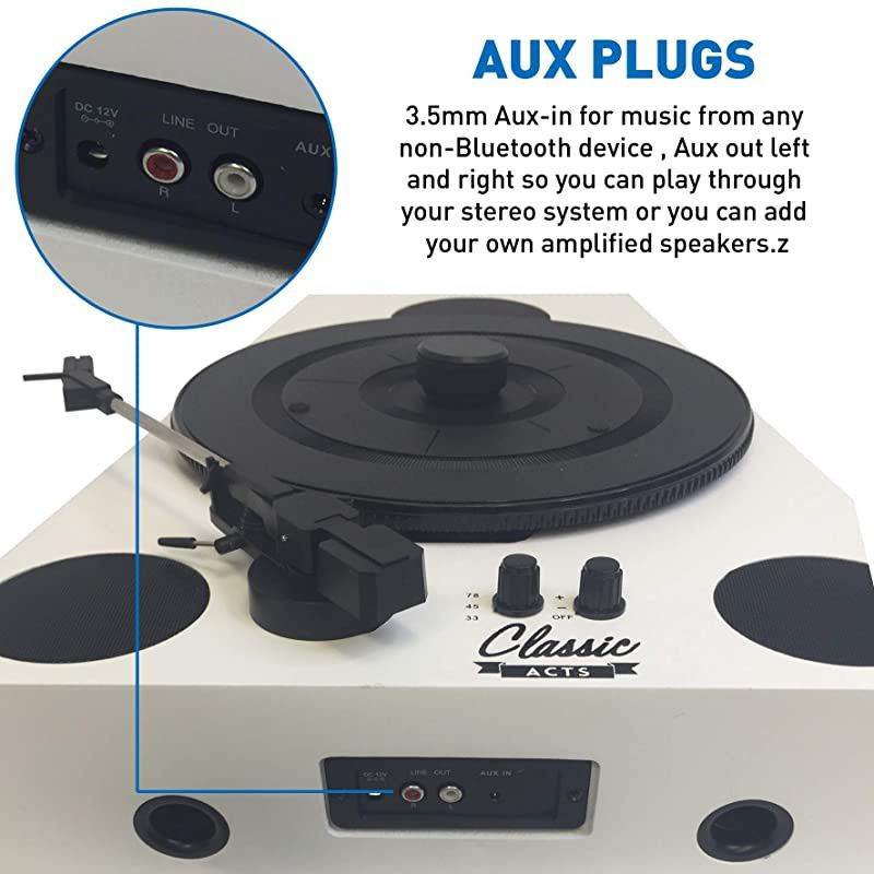 Vertical Bluetooth Turntable 3 Speed Record Player Auto Stop Feature Amplified Triple Builtin Stereo Speakers Headphone Jack Input and RCA Outputs White