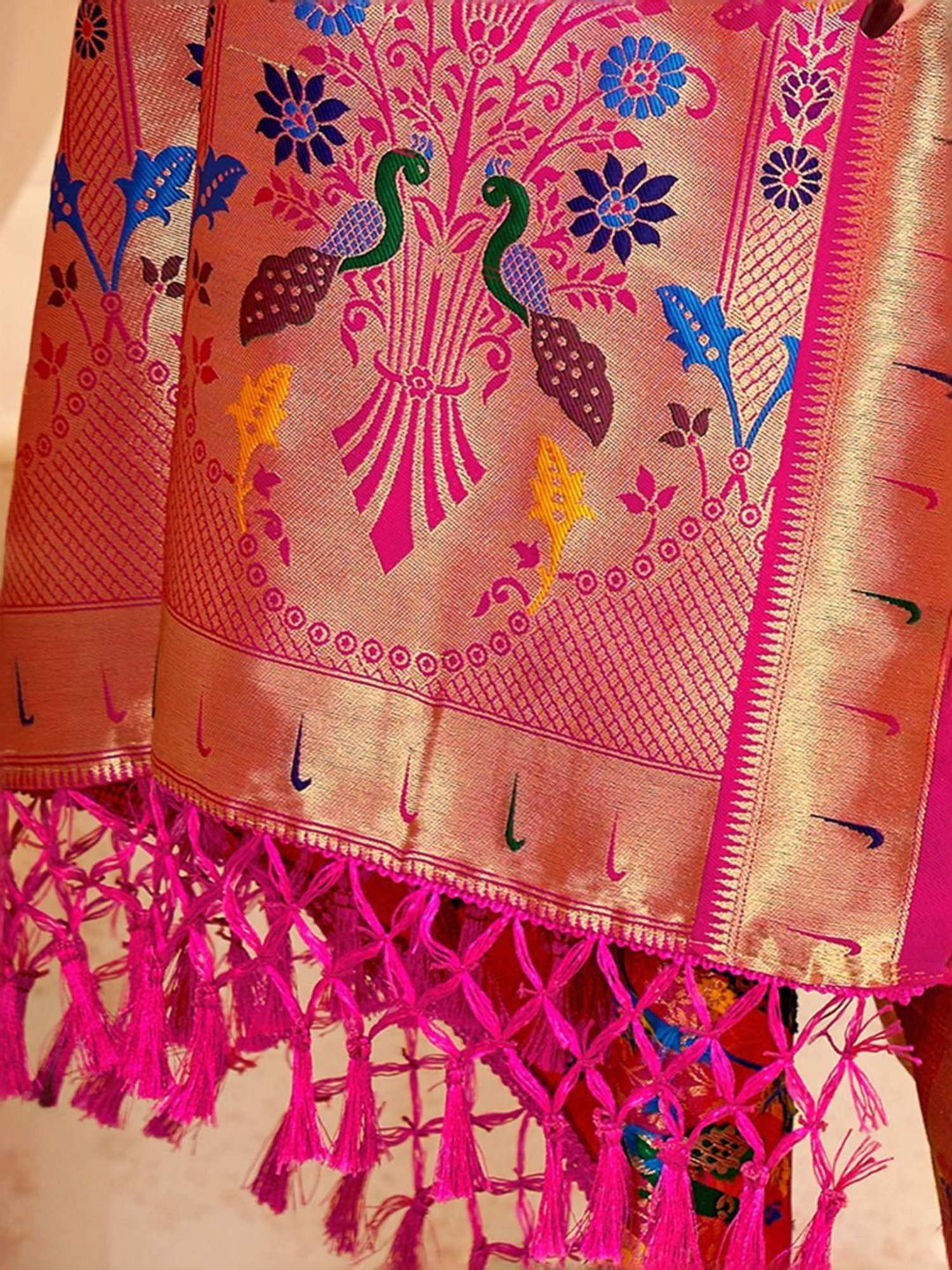 Satrani Orange & Pink Woven Saree With Unstitched Blouse