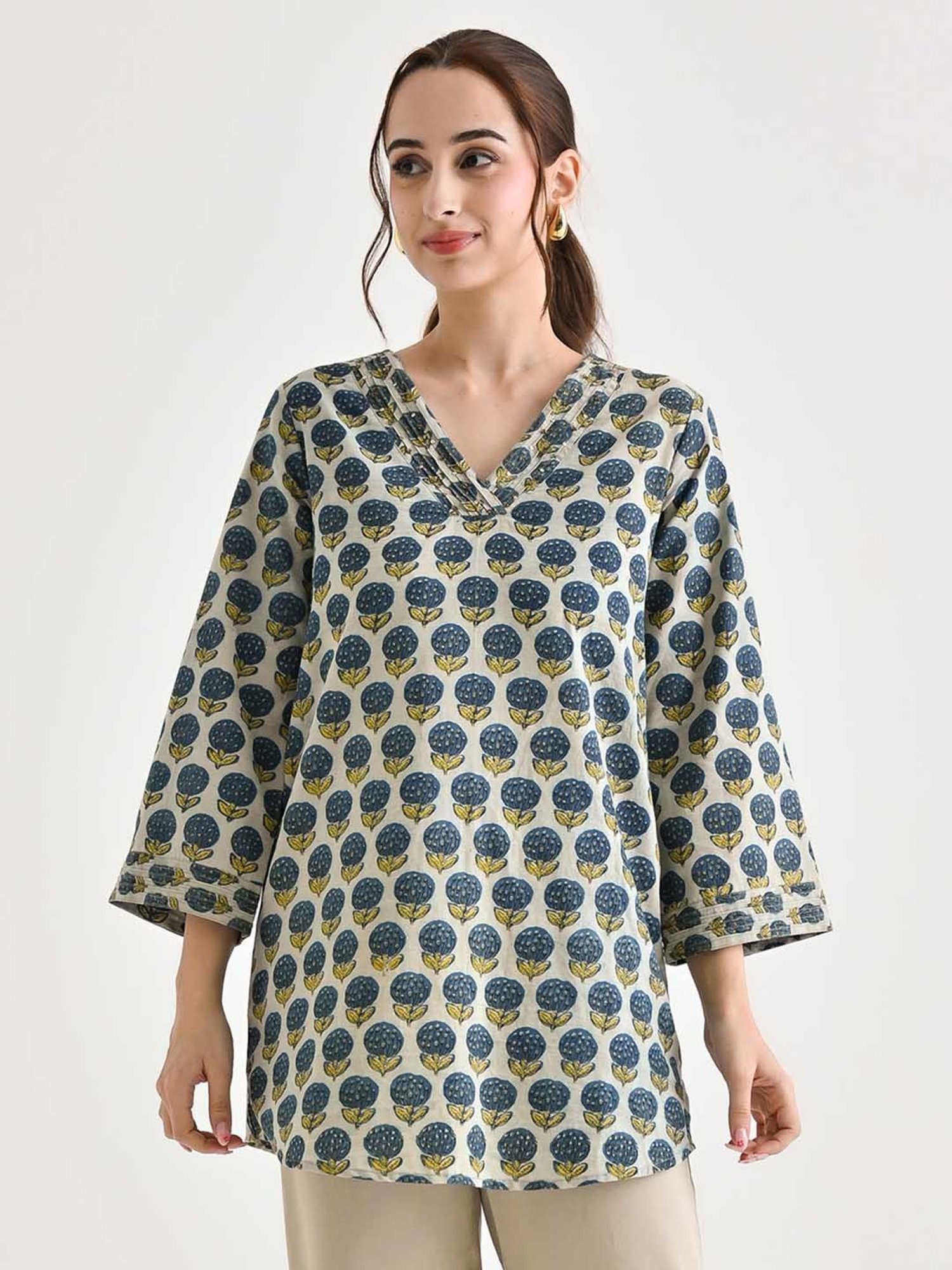 Rustorange Blue Cotton Printed A Line Short Kurti