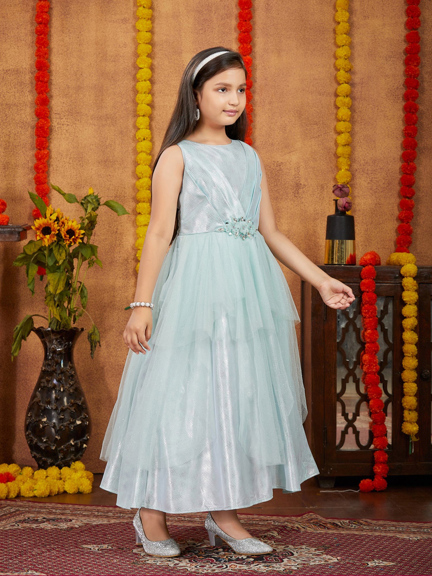 Aarika Kids Light Blue Embellished Gown with Unstitched Sleeves